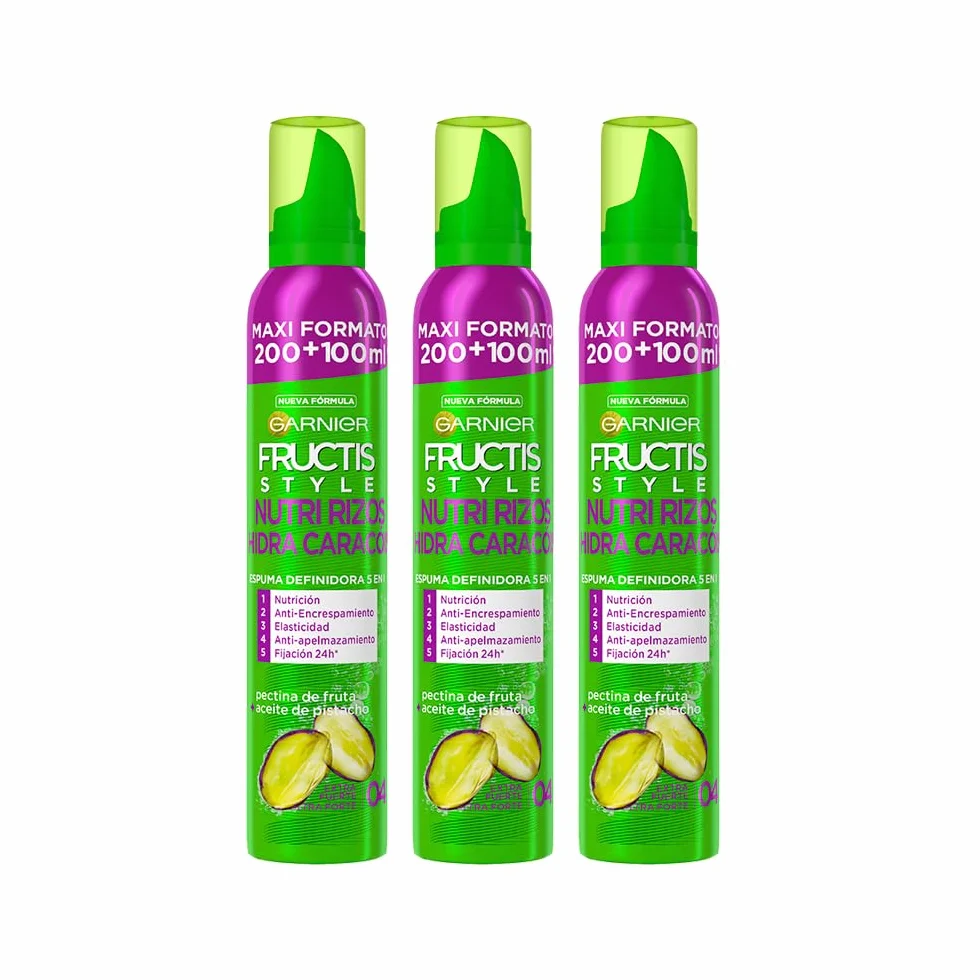 Garnier Fructis Style Espuma Hidra-Rizos 5 Acciones 200ml Extra Fuerte 04 Paquete de 3