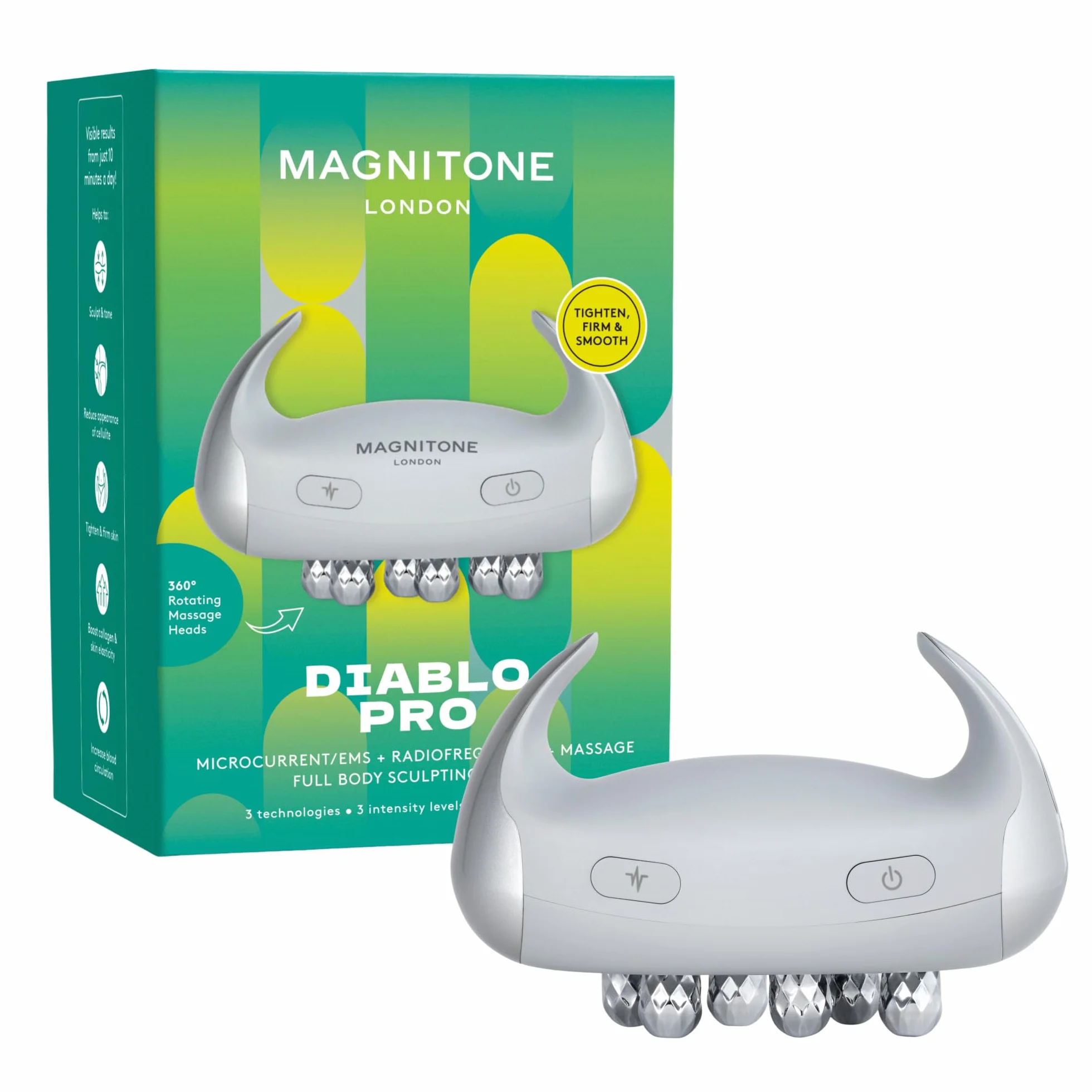 Magnitone Diablo Pro Dispositivo de escultura corporal Microcorriente EMS Radiofrecuencia Masaje 3 niveles Inalámbrico Portátil Batería 70 minutos