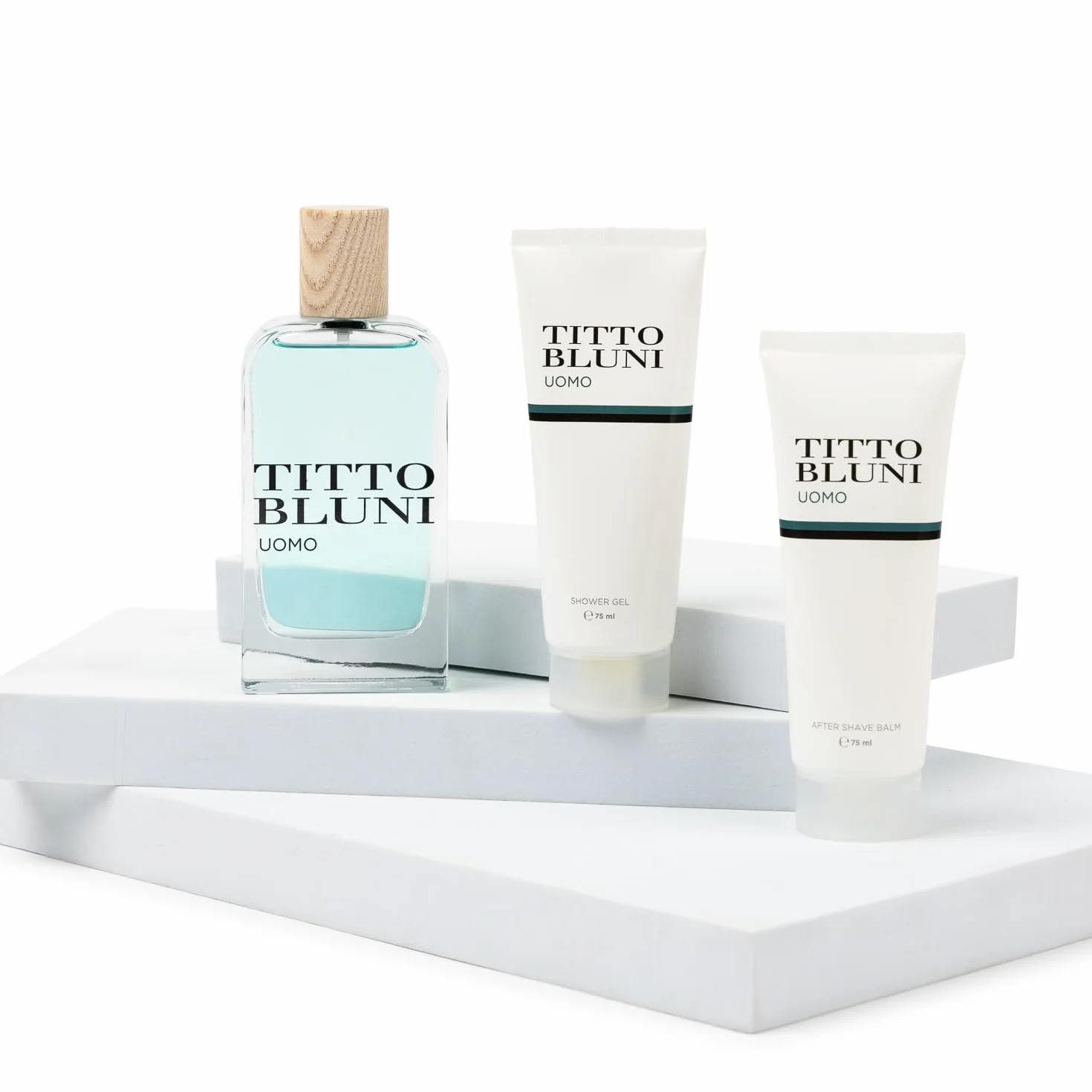 TITTO BLUNI Estuche de Regalo para Hombre, Eau de Toilette 75 ml, Gel de Baño 75 ml, After Shave 75 ml