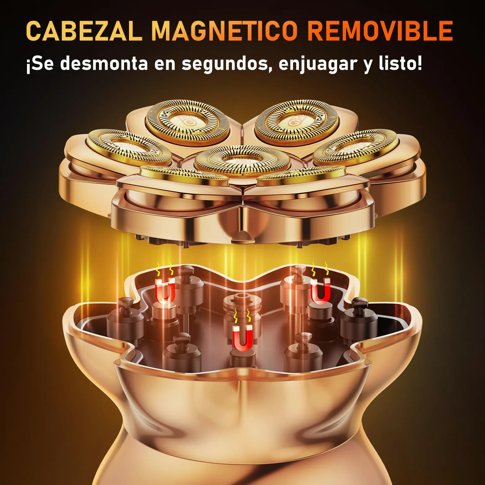 MAXGROOM Afeitadora Cabeza Hombre PRO, Maquina Afeitar Hombre, Afeitadora para Calva en Seco y Húmedo, 140 Mins de Uso, 7 Cabezales, Magnético, 100% impermeable, Dorado