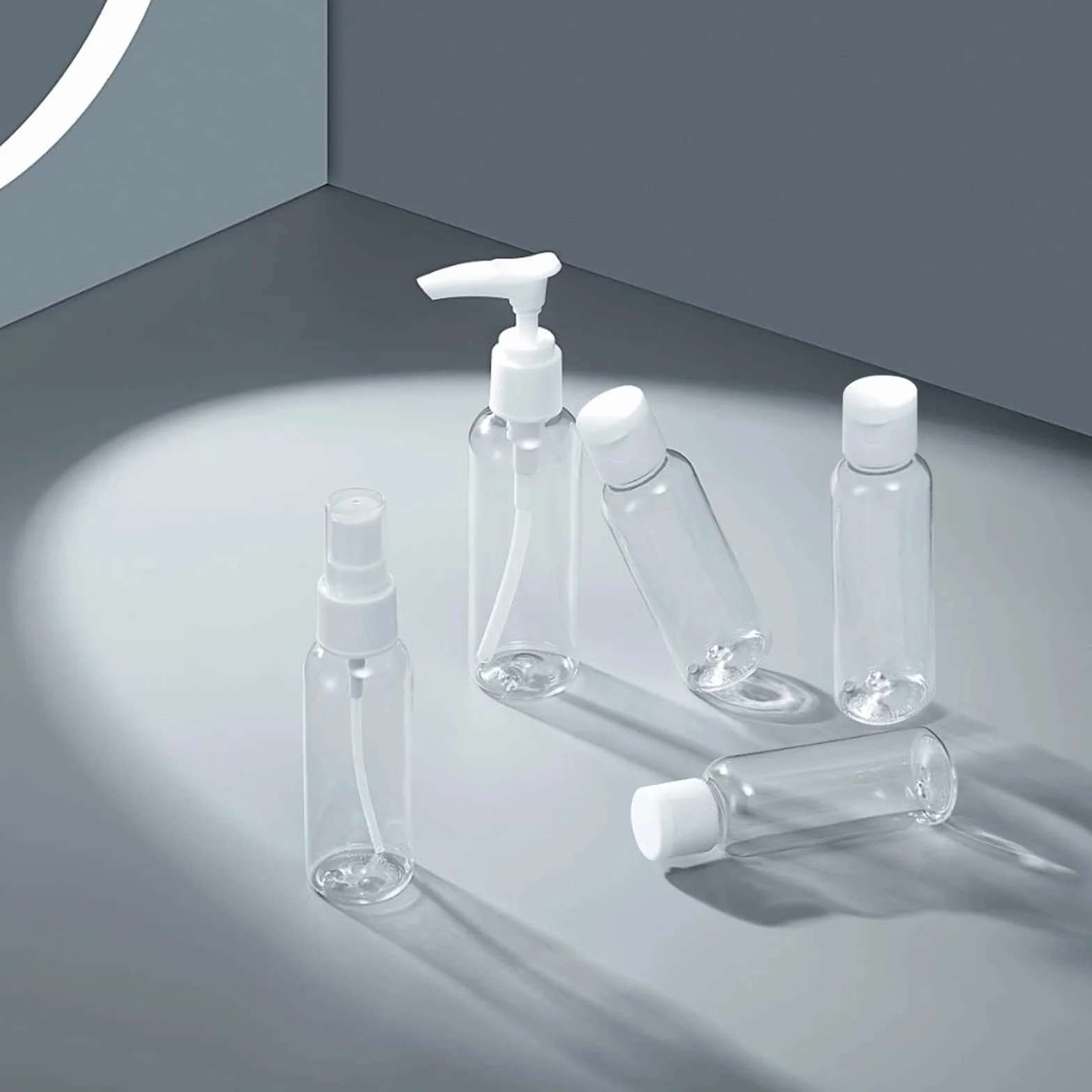 KEYRI 5 Piezas Botes Viaje Rellenables 100ml Kit Avion Prueba de Fugas Botellas con Neceser Transparente Negro