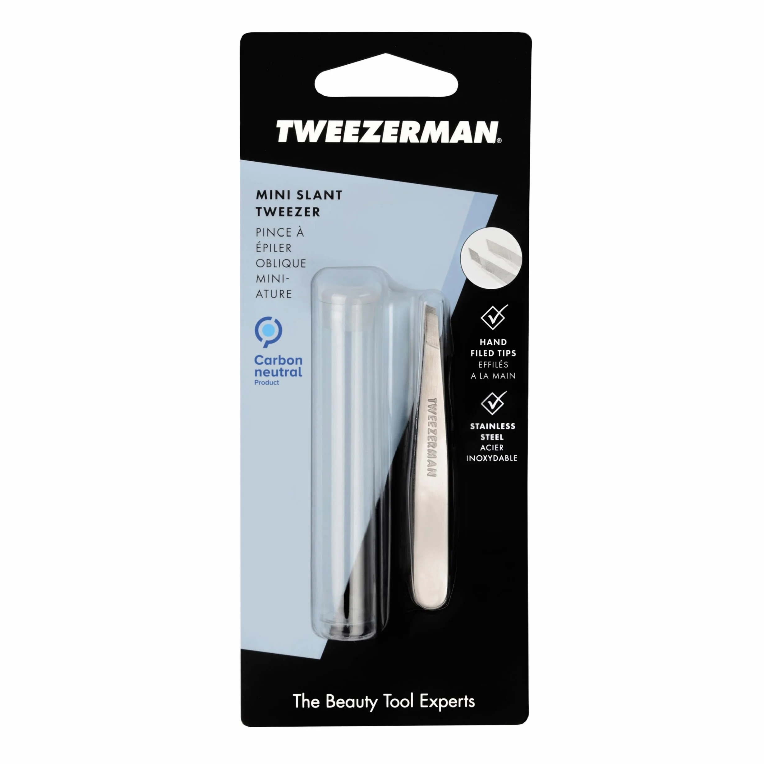 TWEEZERMAN Mini pinza cejas acero inoxidable puntas inclinadas precisión ergonómica