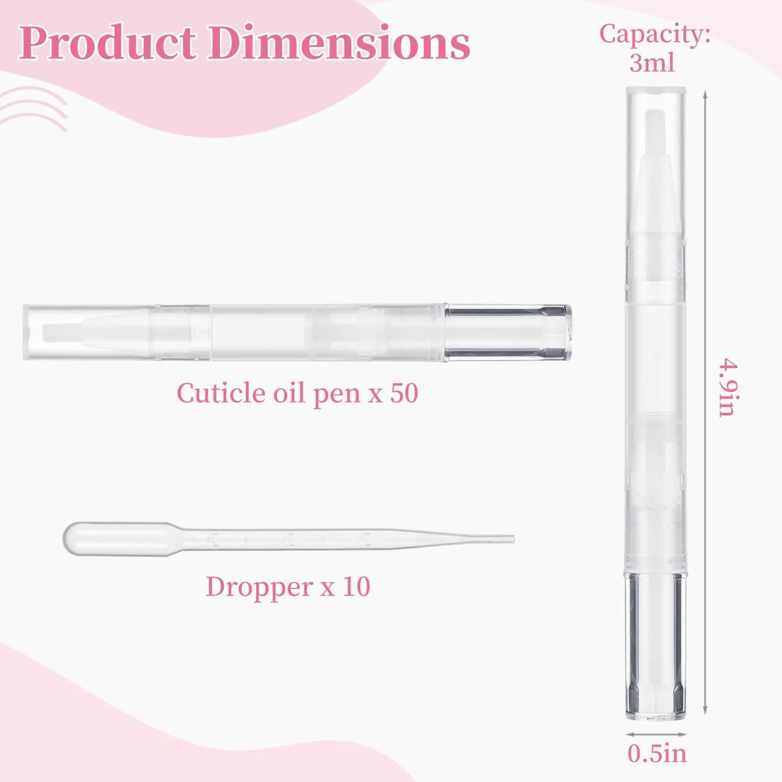 Paquete de 50 bolígrafos vacíos de aceite para cutículas de 3 ml con 10 cuentagotas, bolígrafos giratorios transparentes, punta de pincel, recipientes para brillo de uñas y labios