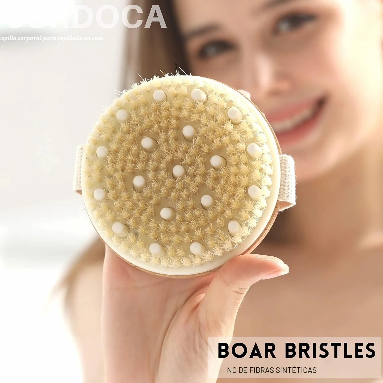 SURDOCA Cepillo Exfoliante Corporal para Cepillado en Seco y Ducha, Depurador de Espalda, Exfoliante Suave y Masaje con Cerdas de jabalí