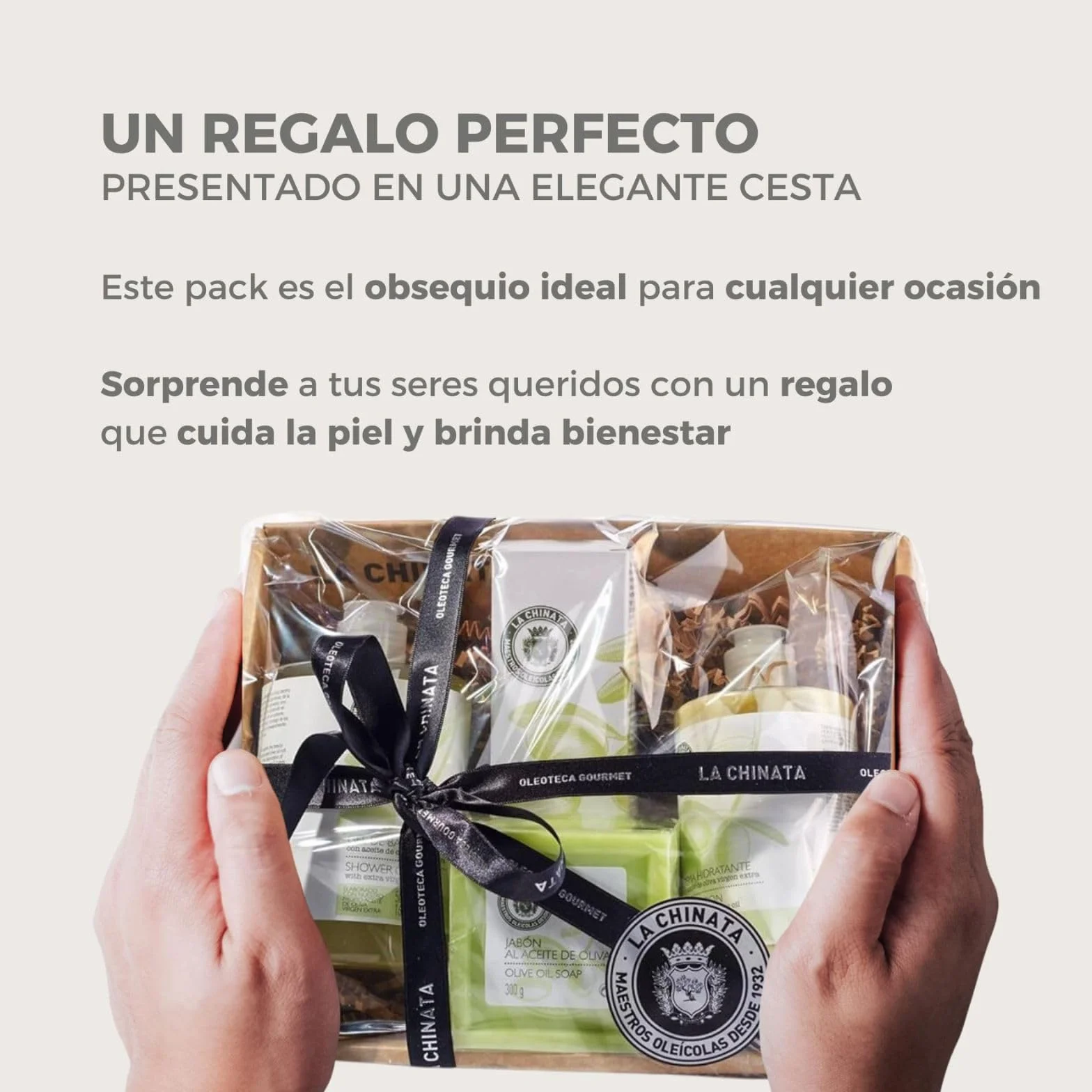 La Chinata Cesta Pequeña Cosmética Nº 1 con AOVE | Pack Cuidado de la Piel con Jabón, Gel de Baño, Crema Hidratante y Crema de Manos y Uñas | Cosmética Natural | Hidratación Piel Sensible | Regalo