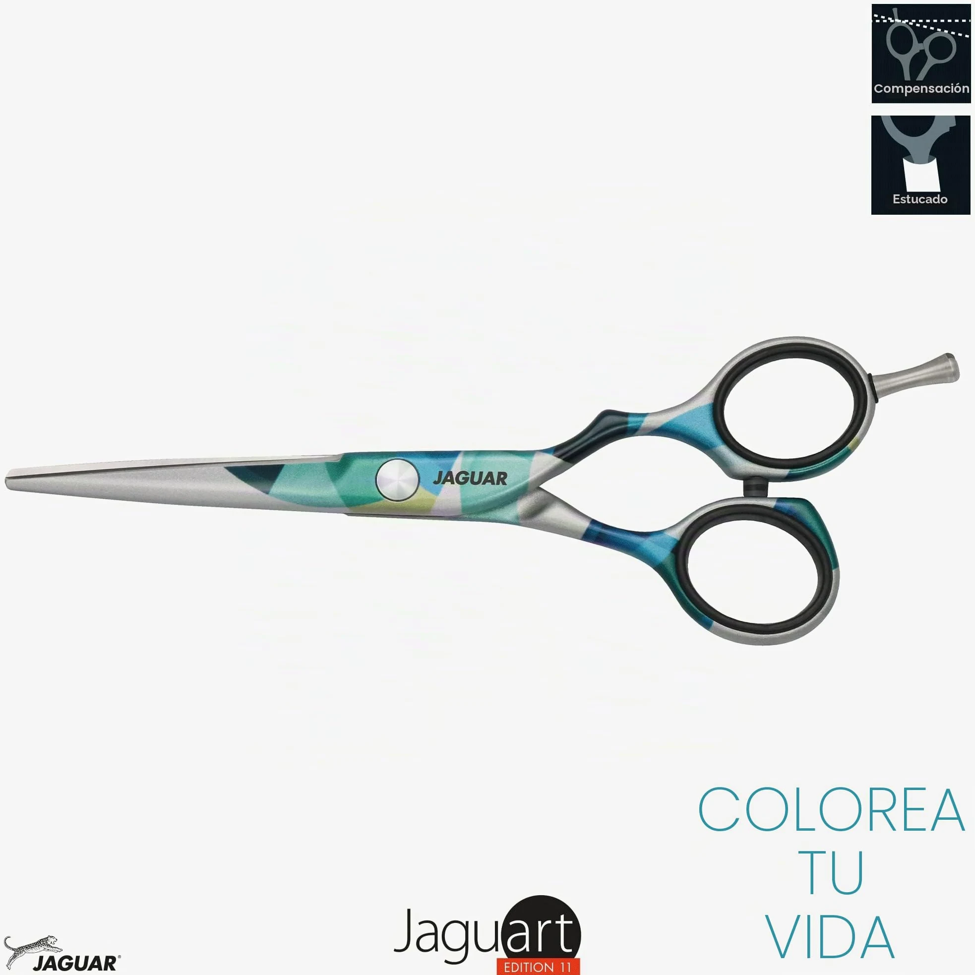 JAGUAR Tijeras para el pelo JaguART IN MOTION 5.5" | Tijeras de peluquería con diseño offset | aRecubrimiento antialérgico y resistente de alta tecnología con aspecto fotográfica | Made in Germany