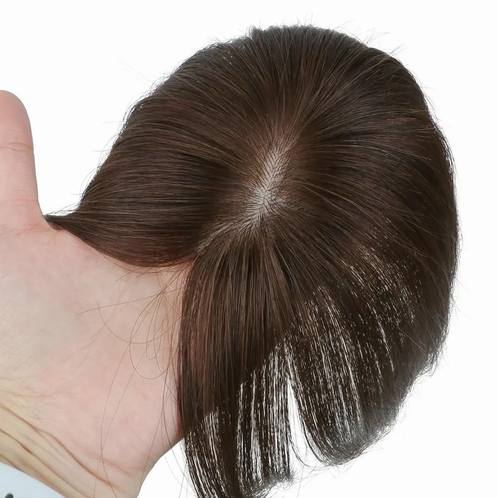 Topper para cabello humano para mujeres con cabello adelgazado, flequillo de cobertura 3D de 360°, base de seda 5 x 9 cm, mechones de densidad 150 extensiones de cabello (8 pulgadas, gris)