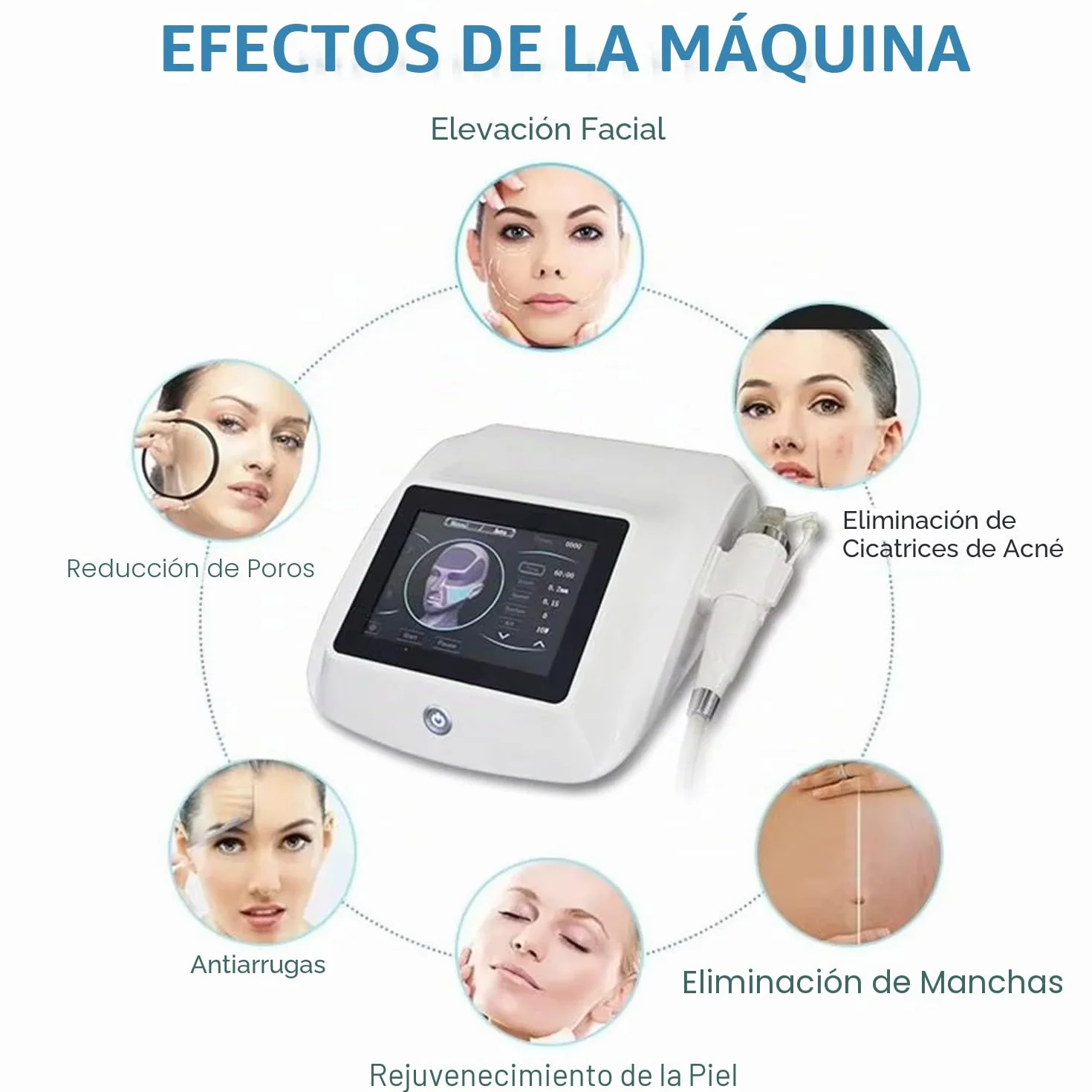 Dispositivo Avanzado de Belleza con 4 Cabezales Especializados: Combina Microagujas y RF para Tratamientos Faciales y Corporales de Rejuvenecimiento y Reparación Cutánea