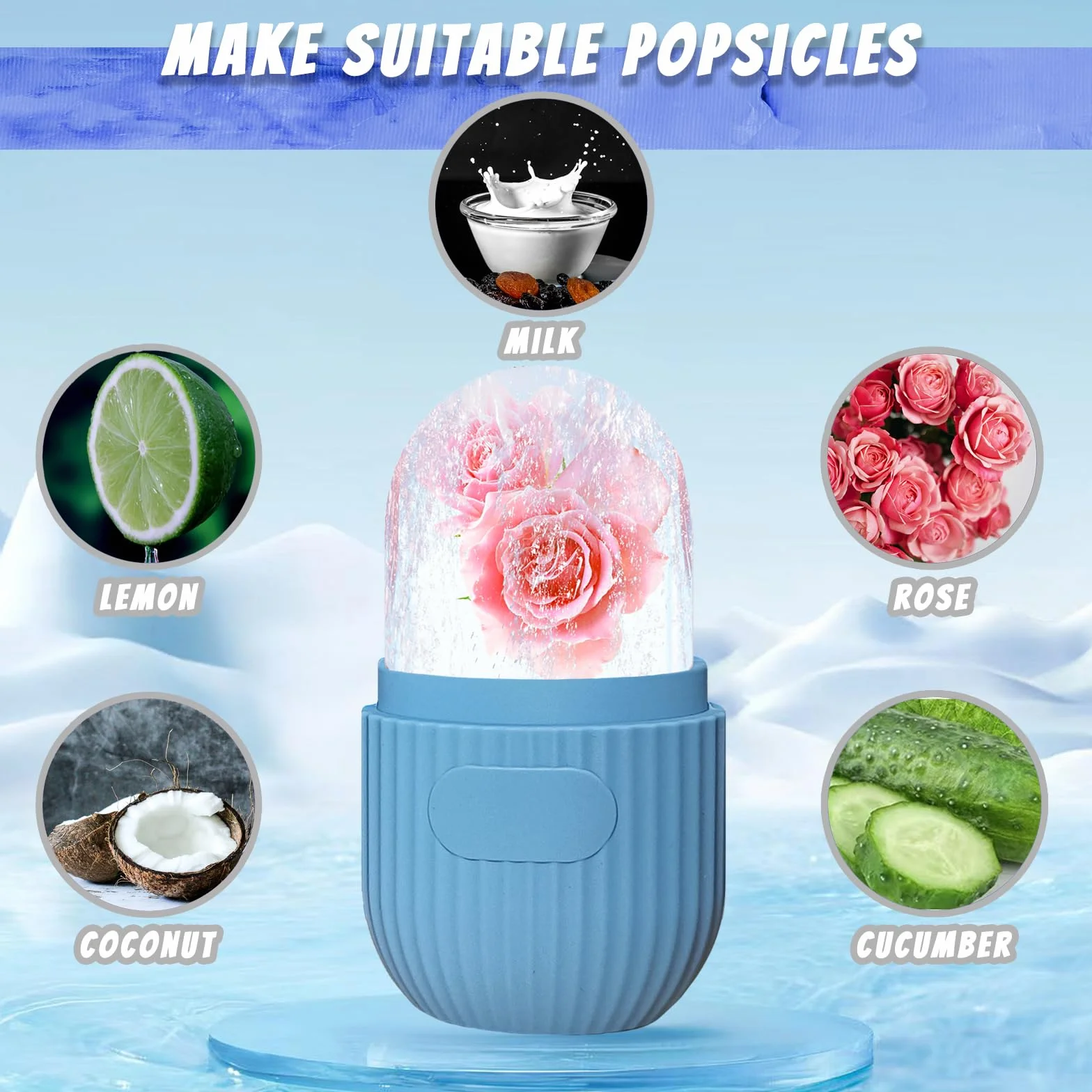 Joyeee Ice Roller Reutilizable Masaje Facial con Hielo para Cuidado de la Piel, Reduce Poros y Arrugas, Azul