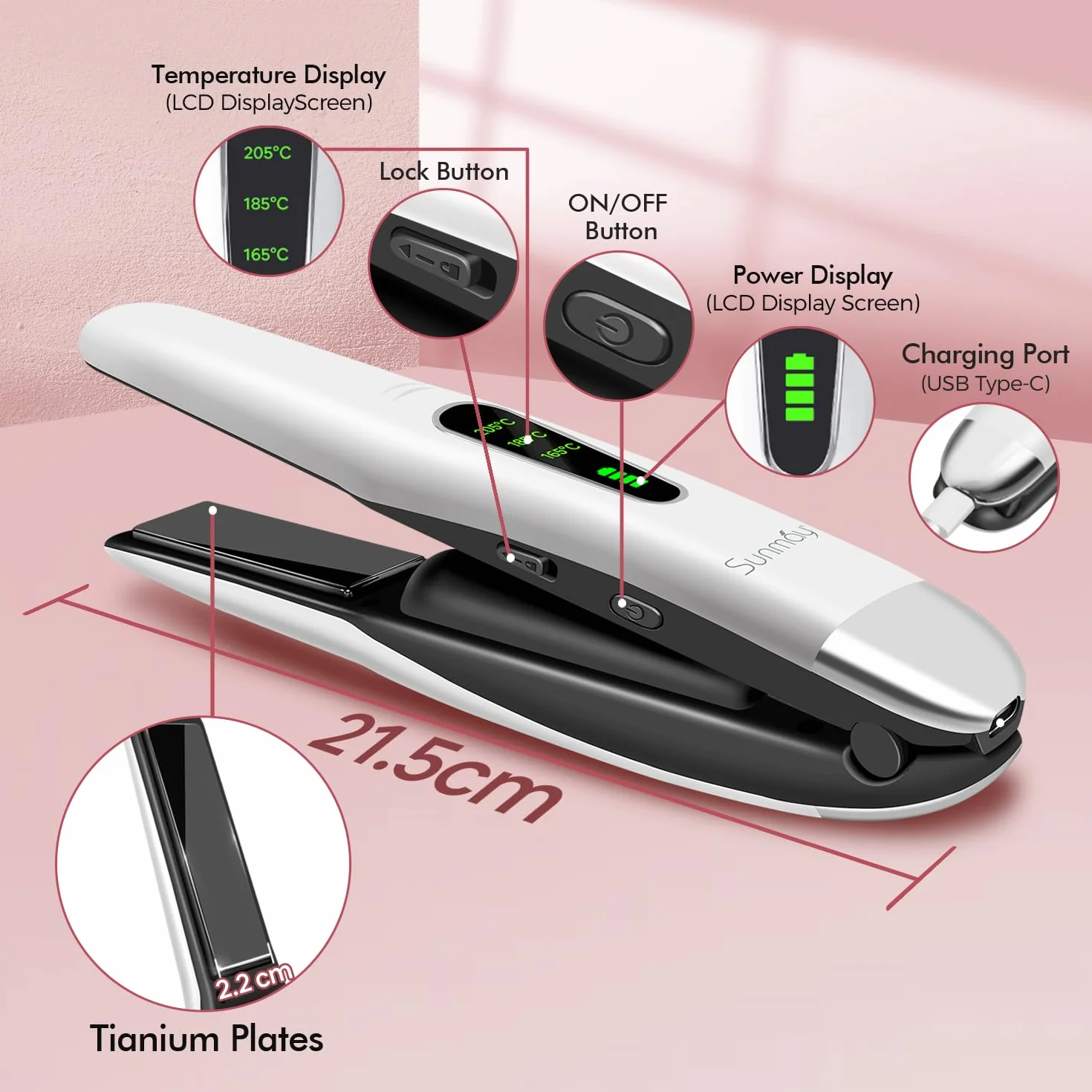 SUNMAY Voga Plancha Pelo Inalambrica 2 en 1, Plancha de Pelo y Rizador de Titanio Portátil, Mini Plancha Pelo Viaje USB 5000 mAh, 3 Niveles de Temperatura, Calentamiento Rápido (Blanco)