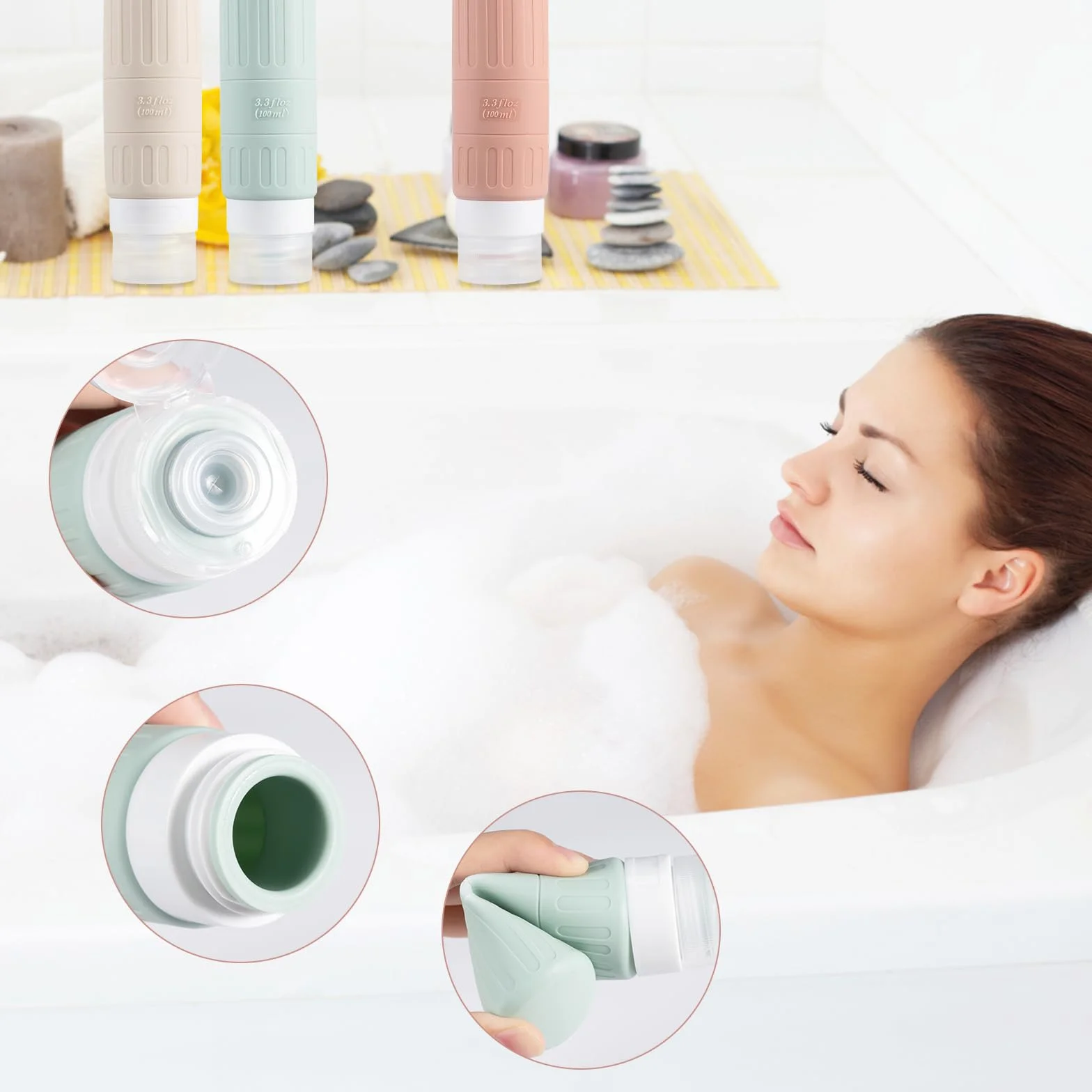 Carehabi Botellas de viaje de silicona 100 ml 5 unidades para champú gel de ducha cosméticos