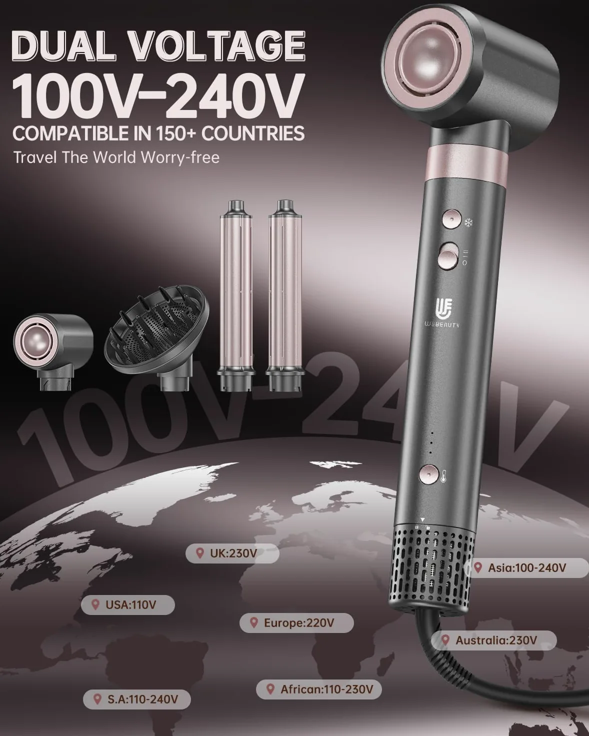 webeauty 4 en 1 Moldeador Pelo Aire, Cepillo Secador de Pelo Multifunción | 110,000 RPM/Min,30M/S,1400W Secador de Pelo Profesional con Rizador de Pelo Automatico,Difusor,500 Millones de Iones Negativo