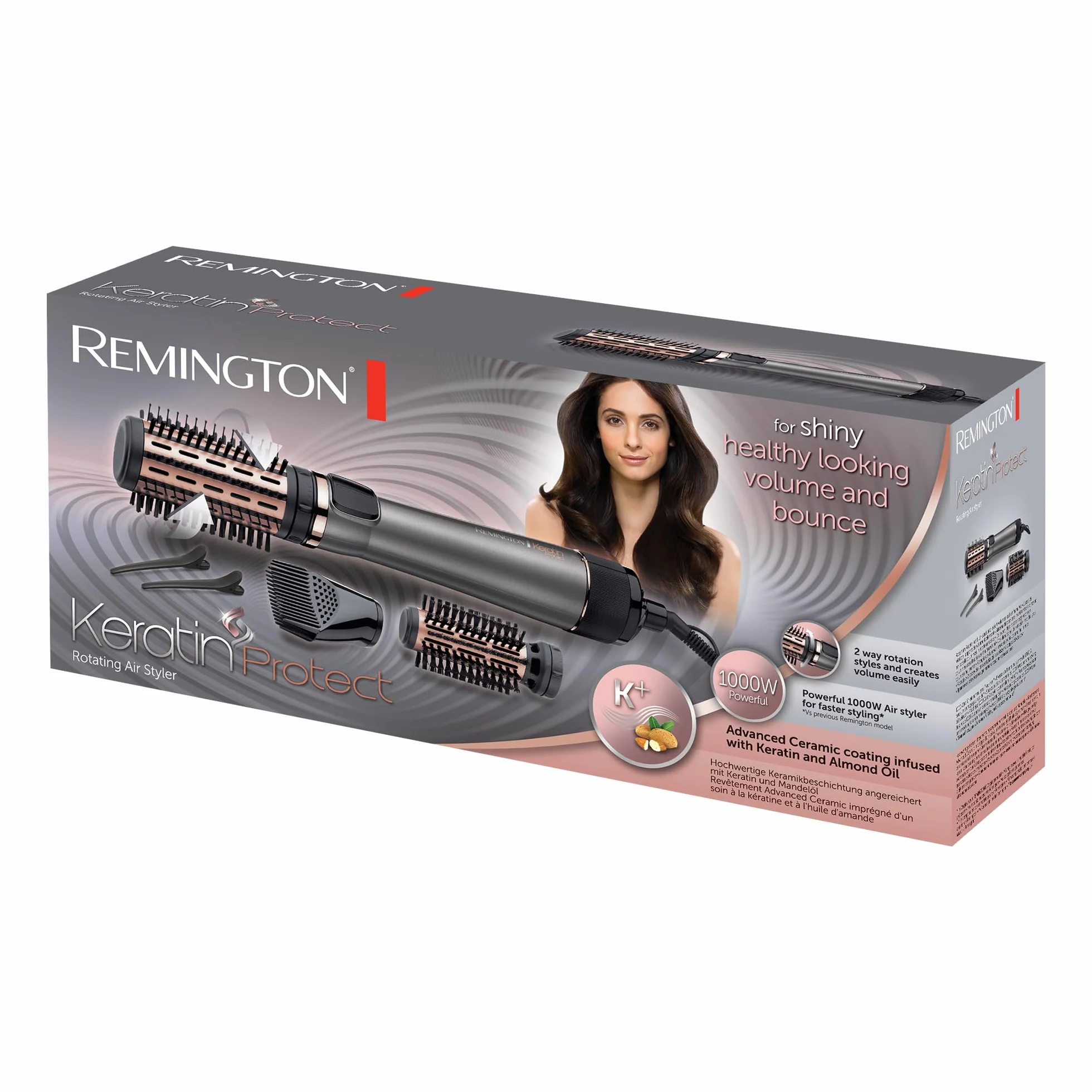 Remington Cepillo de Aire Voluminizador Giratorio Keratin Protect AS8811, 1000 W, Cerámica, 2 Temp/Velocidades, Gris
