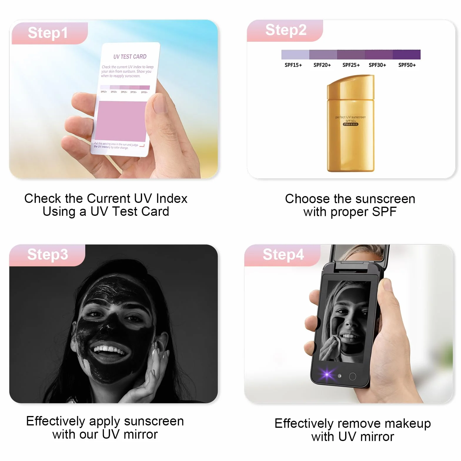 Espejo UV compacto de doble cara 10.16 cm para protector solar y maquillaje de viaje (negro oscuro)