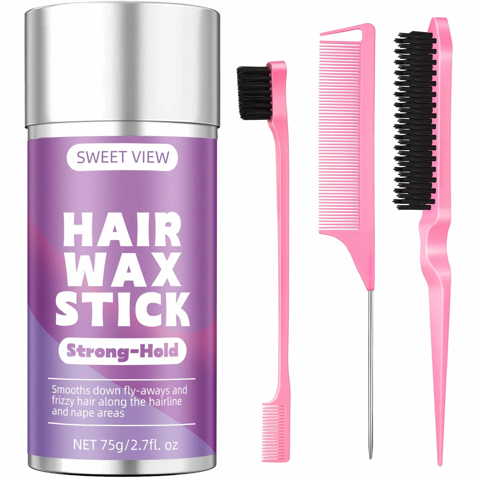 SWEET VIEW Cera para el cabello en barra y cepillo para alisar cabellos rebeldes, accesorio para mujeres, niñas y niños