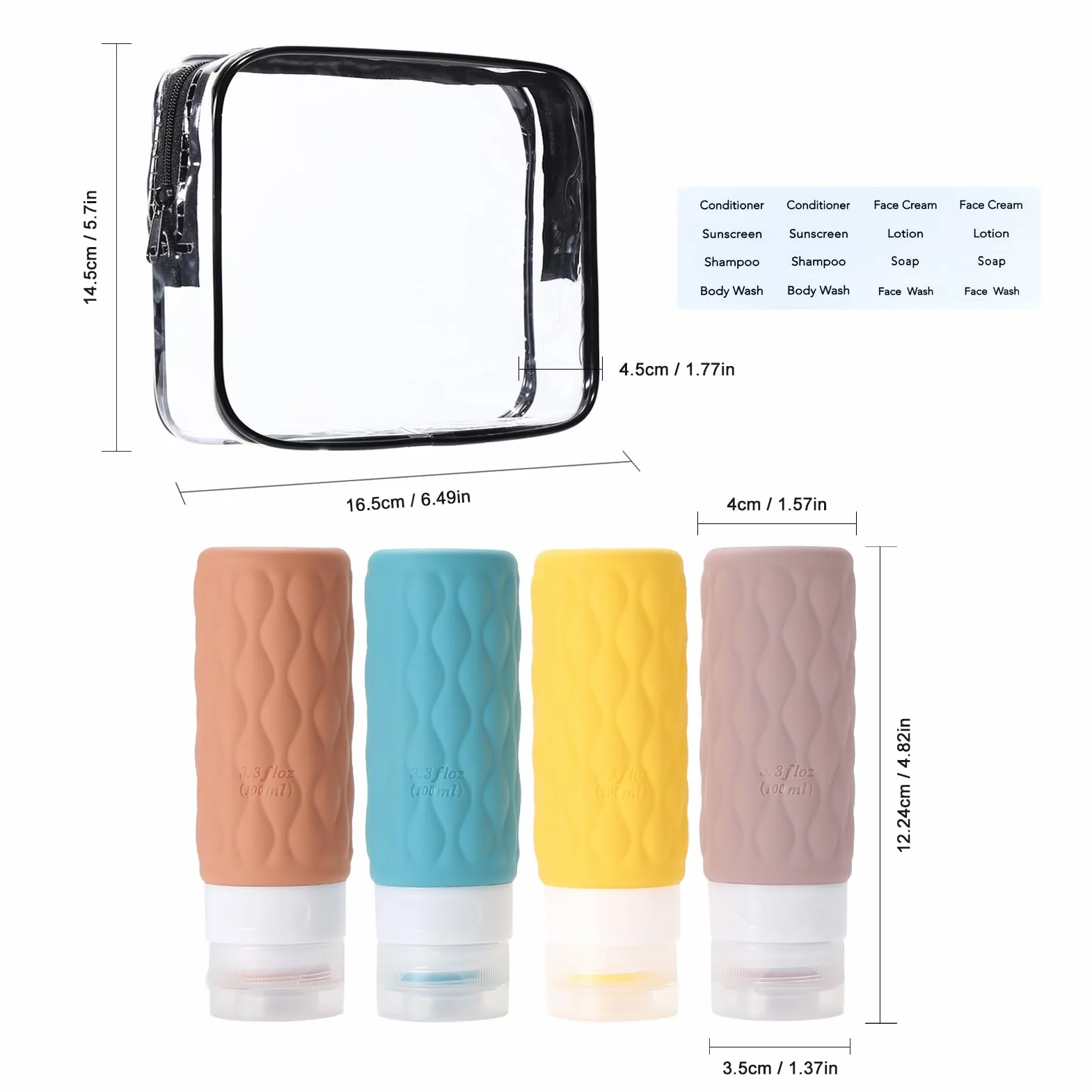 Botes viaje rellenables 100ml TSA aprobado sin BPA neceser transparente