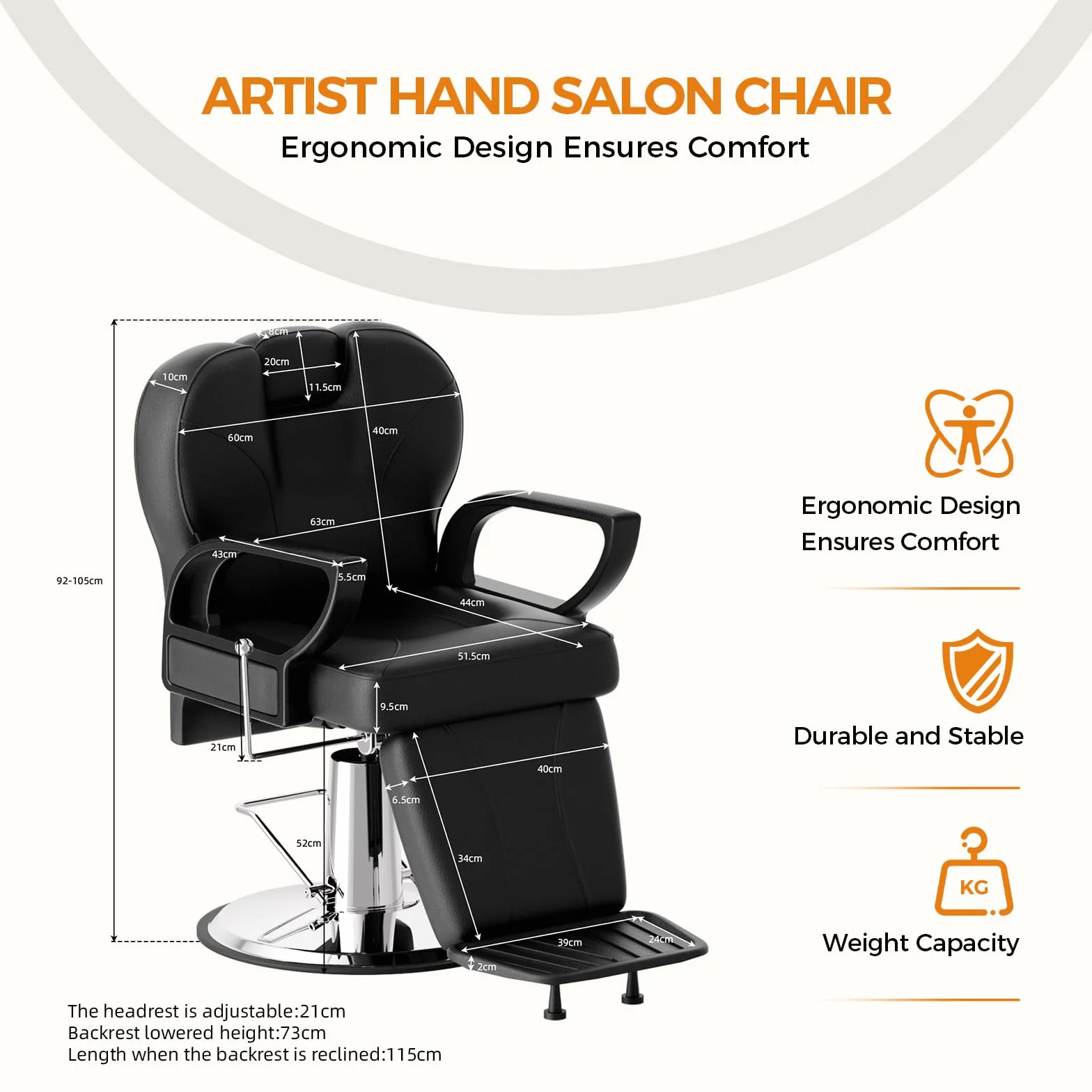 Sillón de Peluquería Hidráulico Reclinable 360° 63 x 54 x 92-105 cm Negro