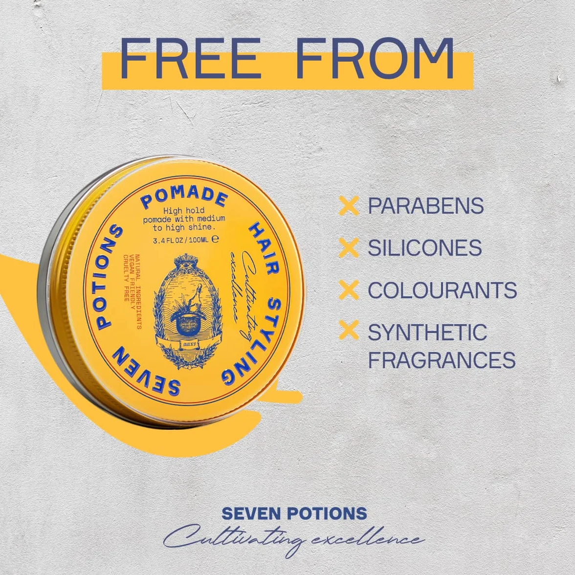 Seven Potions Pomada de Estilización Natural para Hombres, Alto Brillo, Alta Sujeción, 100ml