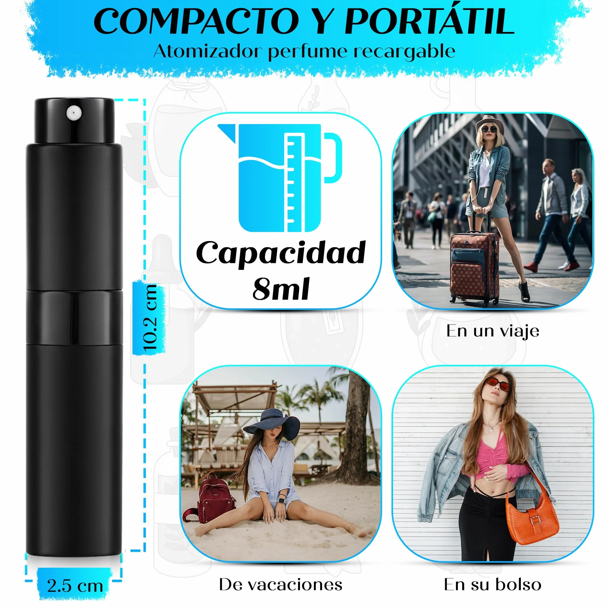 Atomizador Perfume Recargable 8ml con Accesorios de Rellenado para Viaje