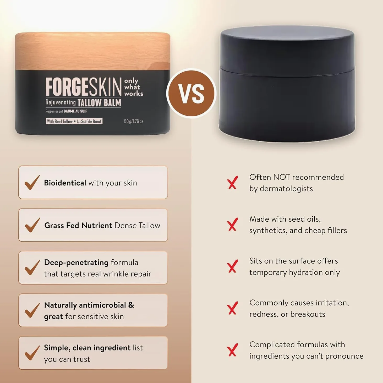 FORGE SKIN Wrinkle Defense - Bálsamo de sebo de res para hombres, hidratante facial, crema antienvejecimiento para la piel, loción natural para el cuidado facial con aceites esenciales, 50 ml