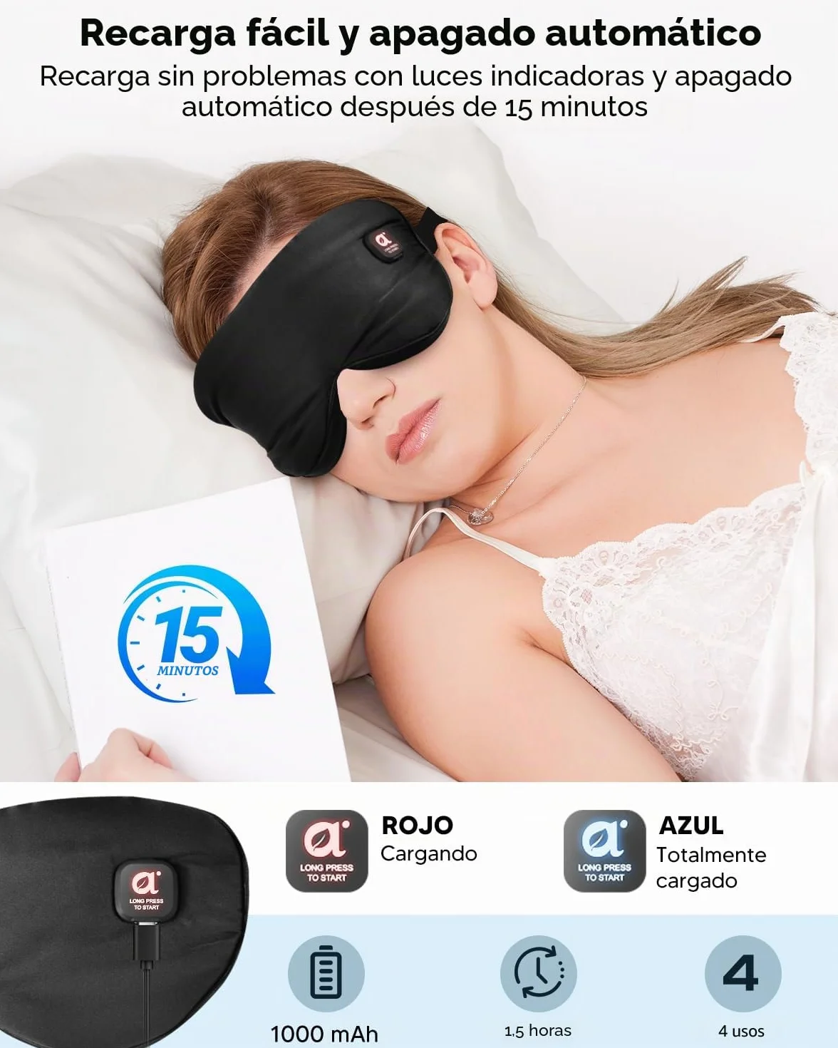 Arboleaf Antifaz Calor Ojos 3 Niveles Mascarilla Térmica Recargable USB-C Batería 1000mAh Bloqueo Luz Lavable