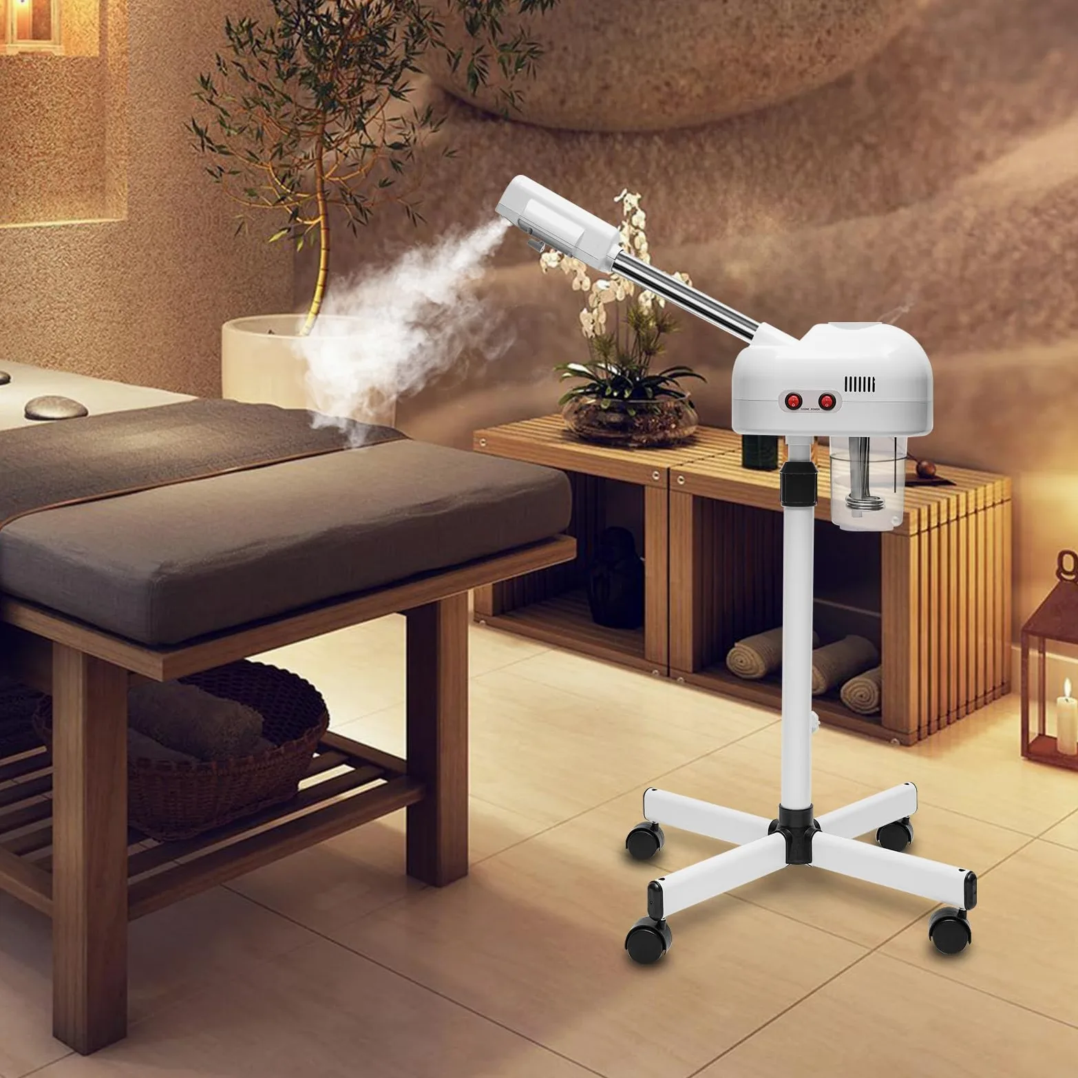 Vaporizador facial 2 en 1, 800 W, sauna facial, limpiador de poros, vapor con boquilla giratoria, altura ajustable de 112 a 132 cm, para salón de belleza, spas