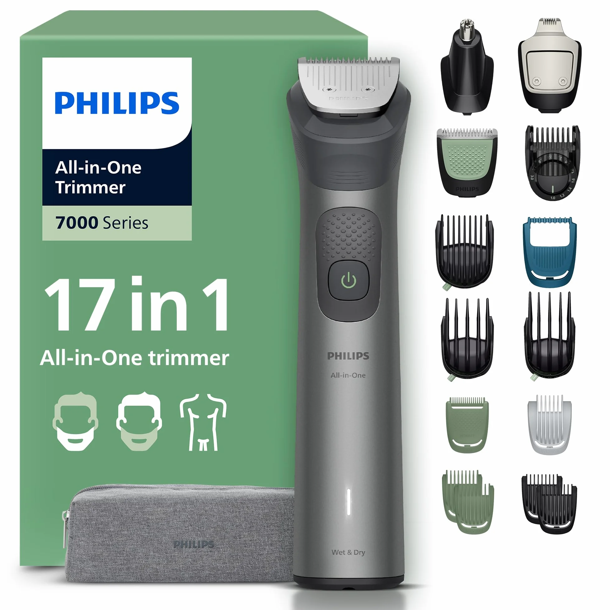 Philips Recortadora todo en uno de 17 en 1 Serie 7000 - Afeitadora y cortapelos hombre para rostro, cabeza y cuerpo, cuchillas de acero autoafilables, 26 longitudes, recargable, MG7961/15
