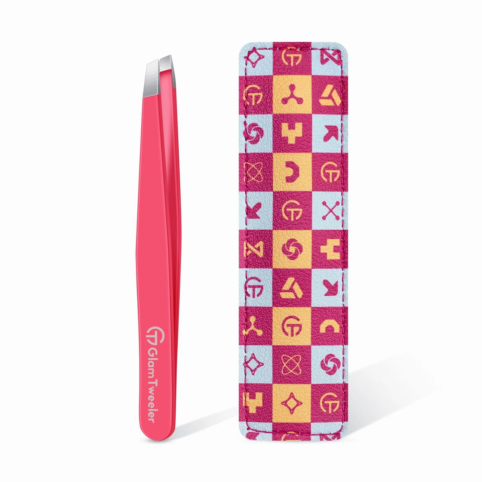GlamTweeler Expert - Pinzas de depilación de cejas con funda de cuero, punta inclinada de alta precisión, pinzas de acero inoxidable para hombres y mujeres (rosa intenso)