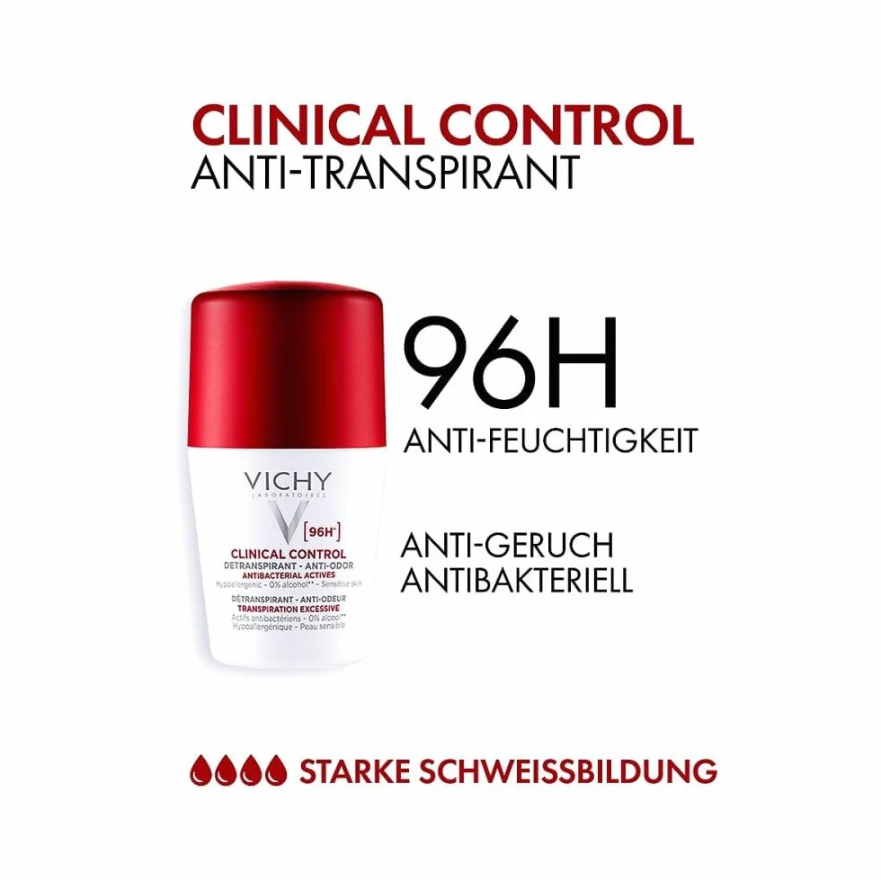 Vichy Desodorante Roll-On Antitranspirante Mujer 96h Clinical Control 50 ml Paquete de 2