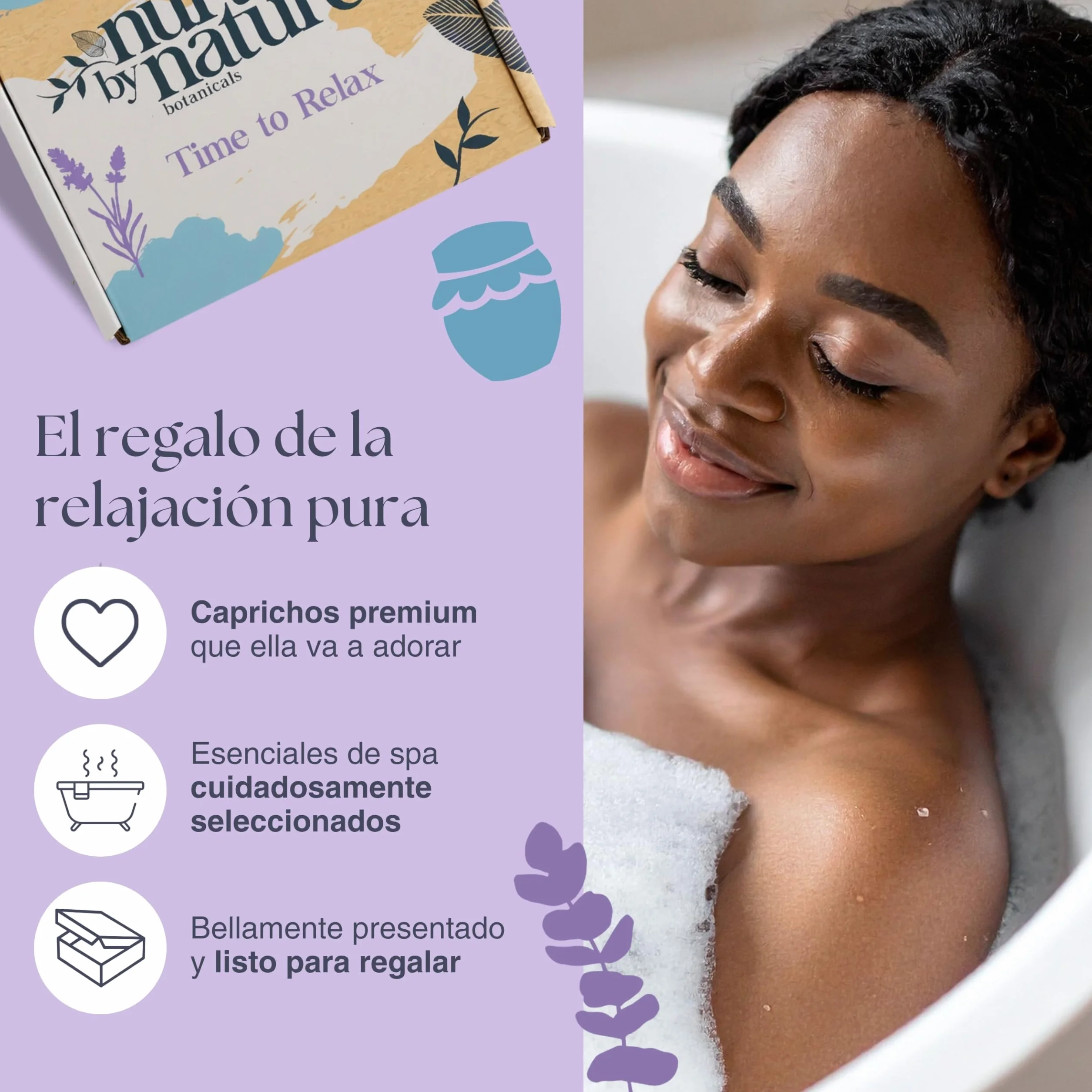 NURTURE BY NATURE Set de Regalo de Bienestar para Mujer – Set spa con spray de almohada de lavanda, exfoliante corporal, bomba de baño y vela perfumada vegano