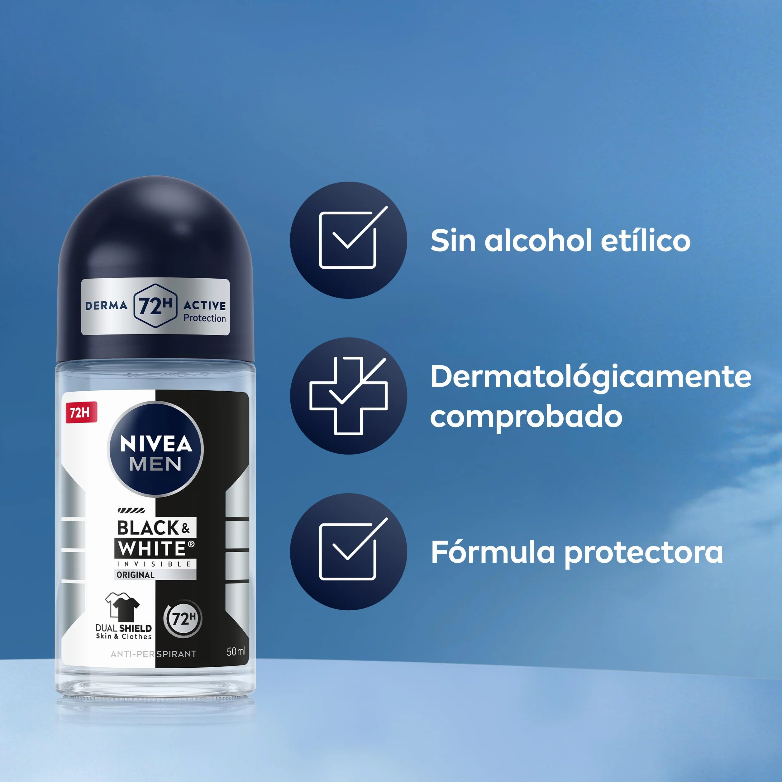 NIVEA MEN Black & White Invisible Original Desodorante Roll-on Hombre 72h Protección Antitranspirante Sin Alcohol Pack 6 x 50 ml