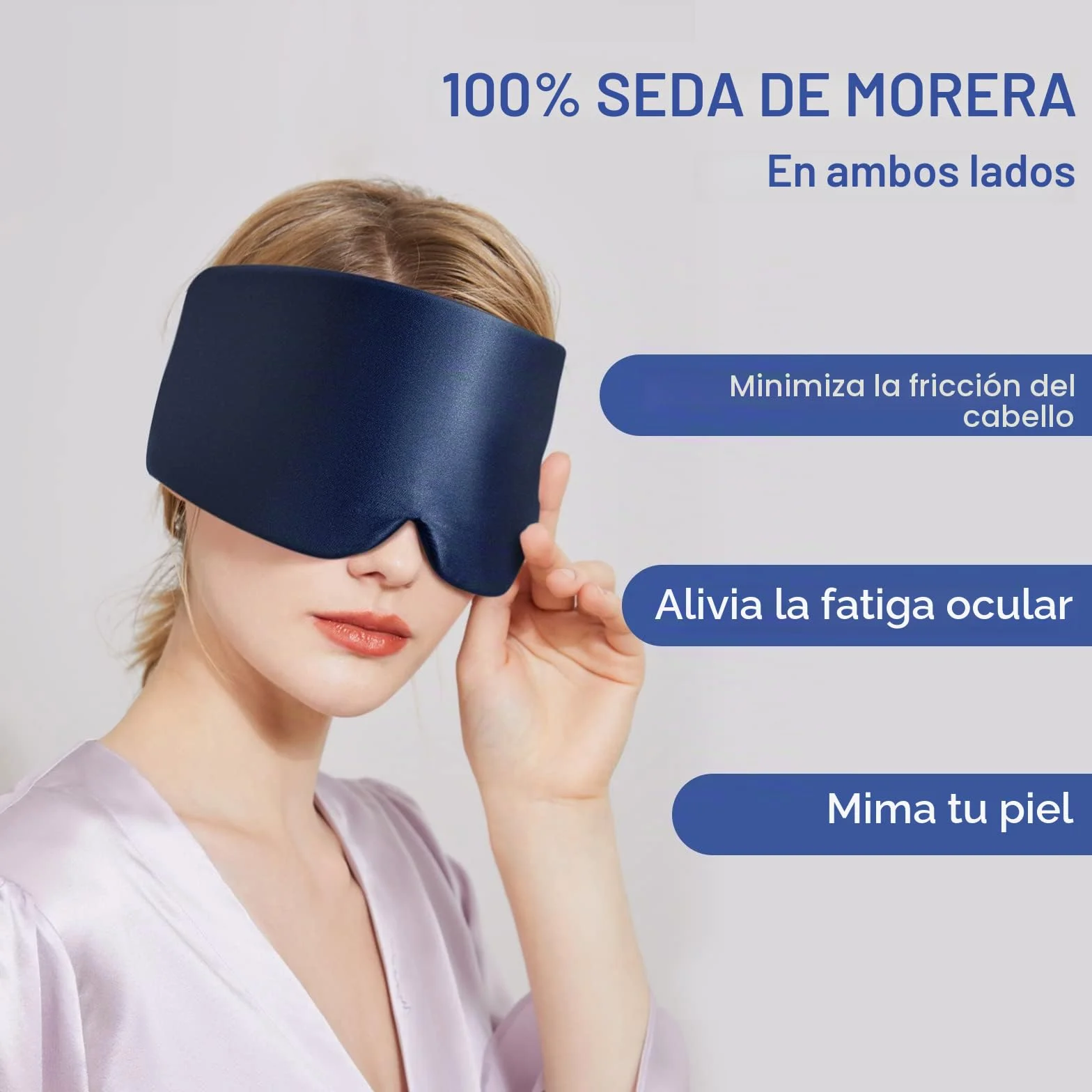 Antifaz para dormir 100% seda de morera con banda ajustable azul marino