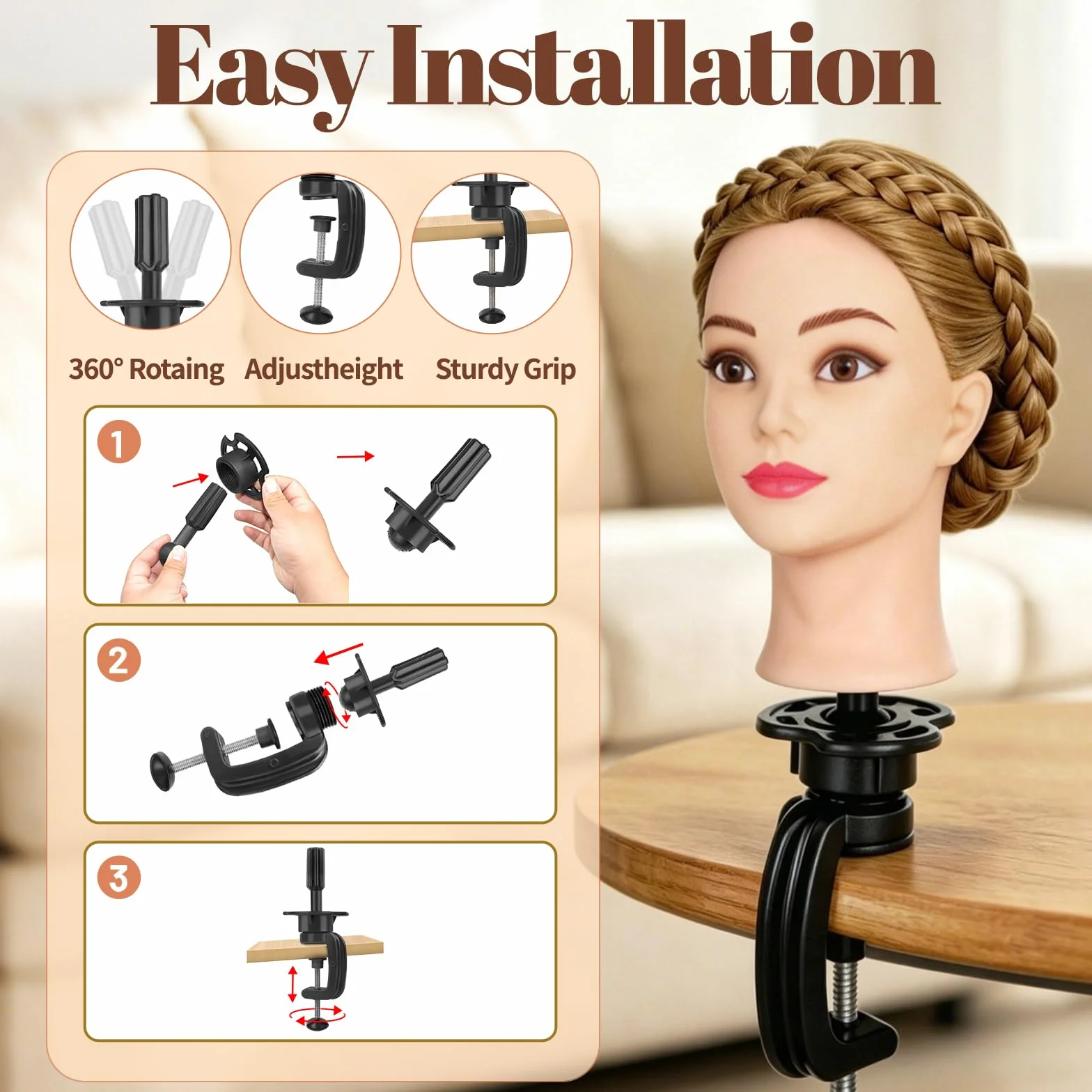 Yofuly Cabeza Maniquí 26inch Cabello Humano 80% Modelo Peluqueria con Abrazadera Mesa Trenzas DIY