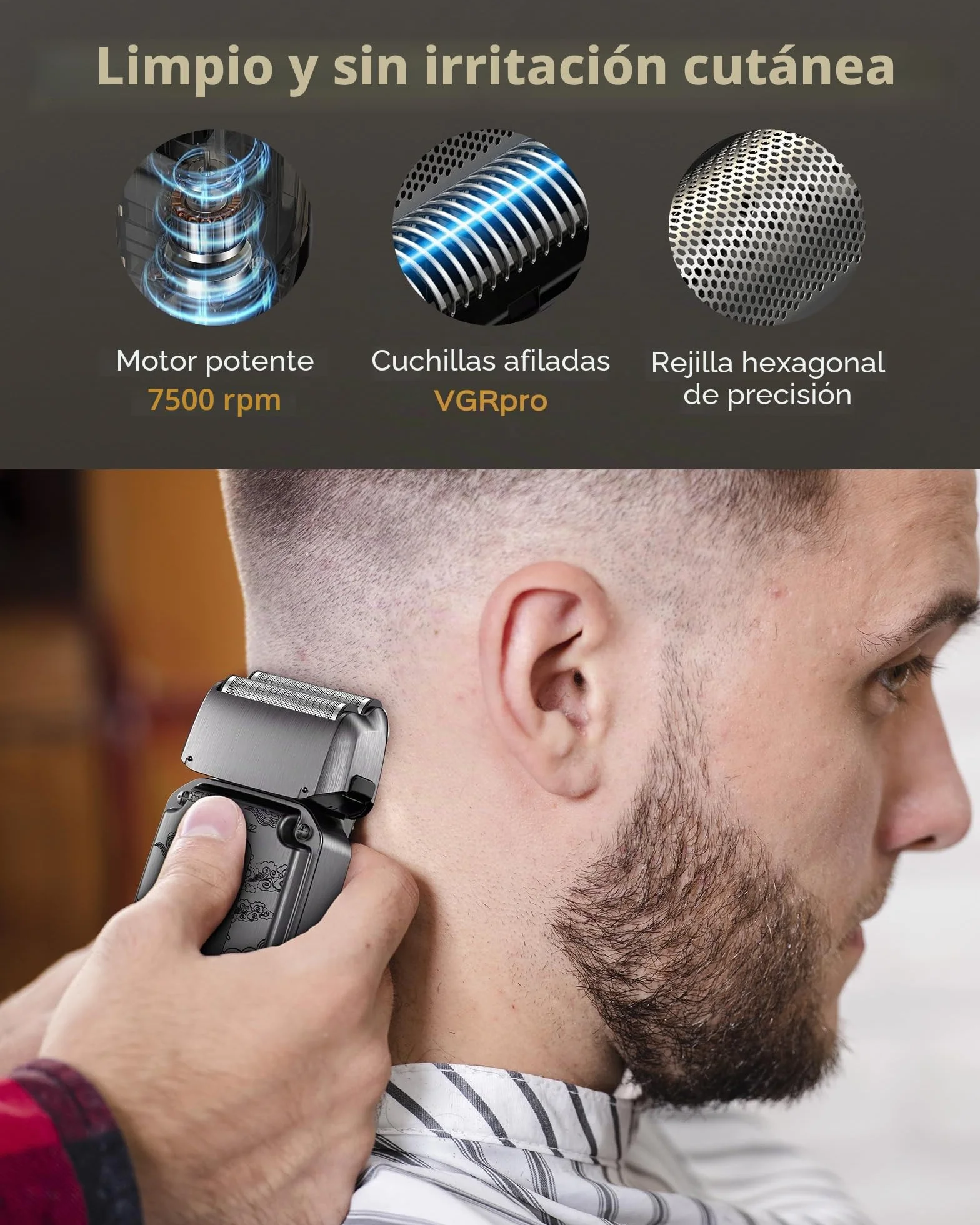 VGRPRO Maquina de Cortar Pelo Hombre Trimmer Afeitadora Electrica para Barba Sin Cable 4 Velocidades Pantalla LED Bateria Gris