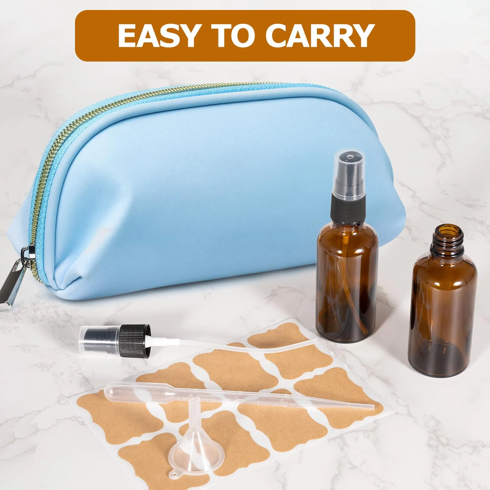 Kiperline 6 botellas spray de cristal vacías 50 ml, ámbar, con embudo, pipetas y etiquetas para aceites esenciales