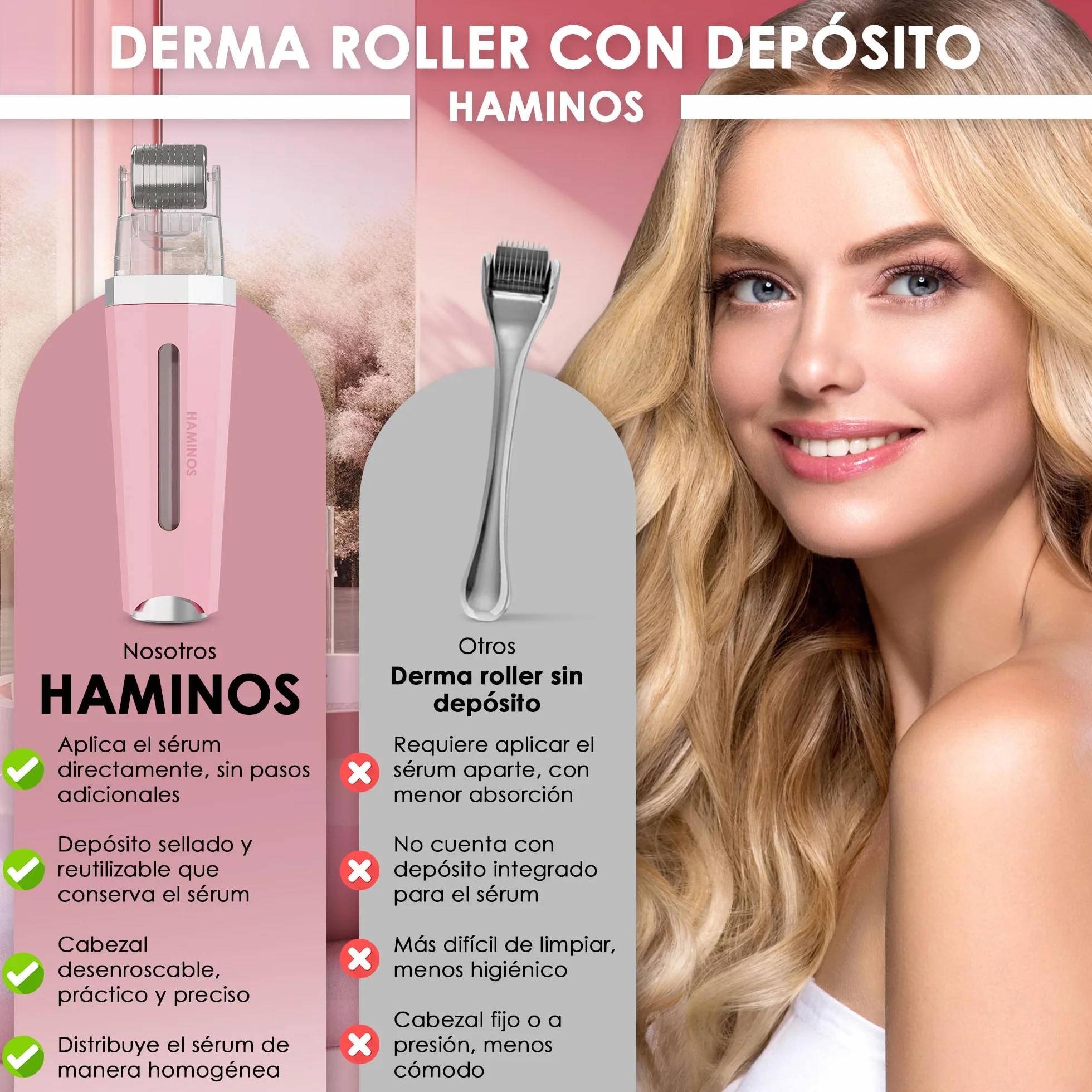 HAMINOS Derma roller 0,5 mm 3.0 con Depósito para Piel, 520 Agujas de Titanio