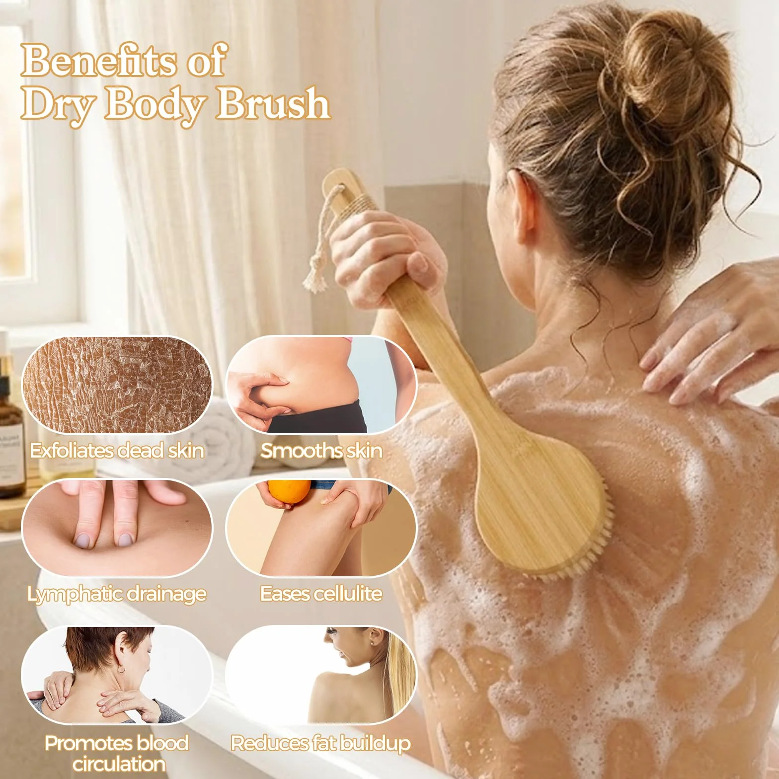 Juego de 5 cepillos de cepillado en seco para drenaje linfático, masajeador de celulitis y cuidado del cuero cabelludo, cepillo seco de mango largo para cuerpo, cepillo exfoliante de cerdas