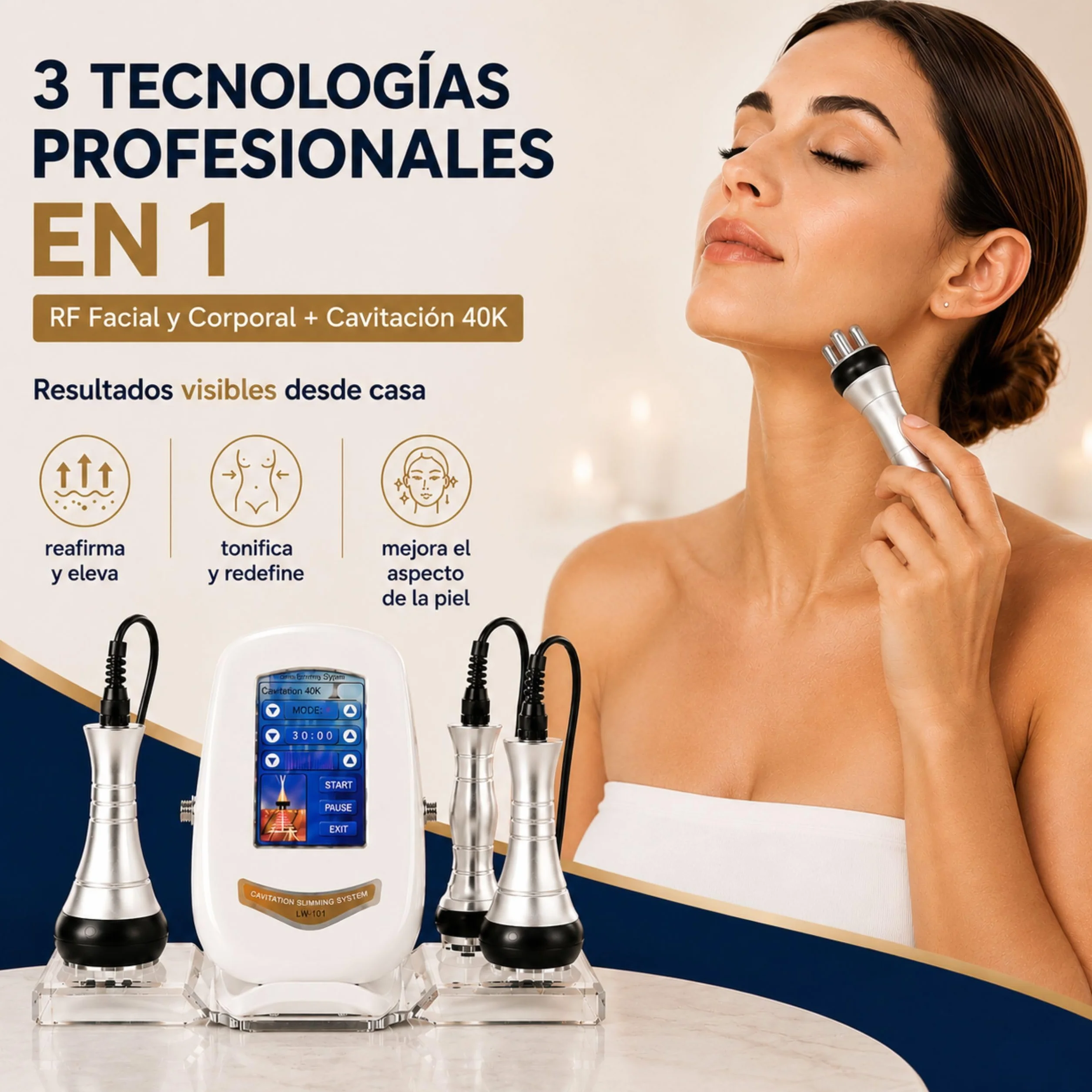 Radiofrecuencia Facial y Corporal 3 en 1 - Aparato de Cavitacion y Masajeador Profesional - Maquina 40 Khz 3 Cabezales