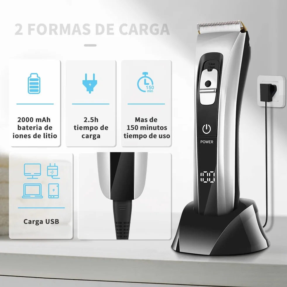 Cortapelos Inalámbrico Hombre, Máquina Cortar Pelo Profesional, Cuchilla Cerámica Titanio Ajustable, 8 Peines, 150 min Autonomía