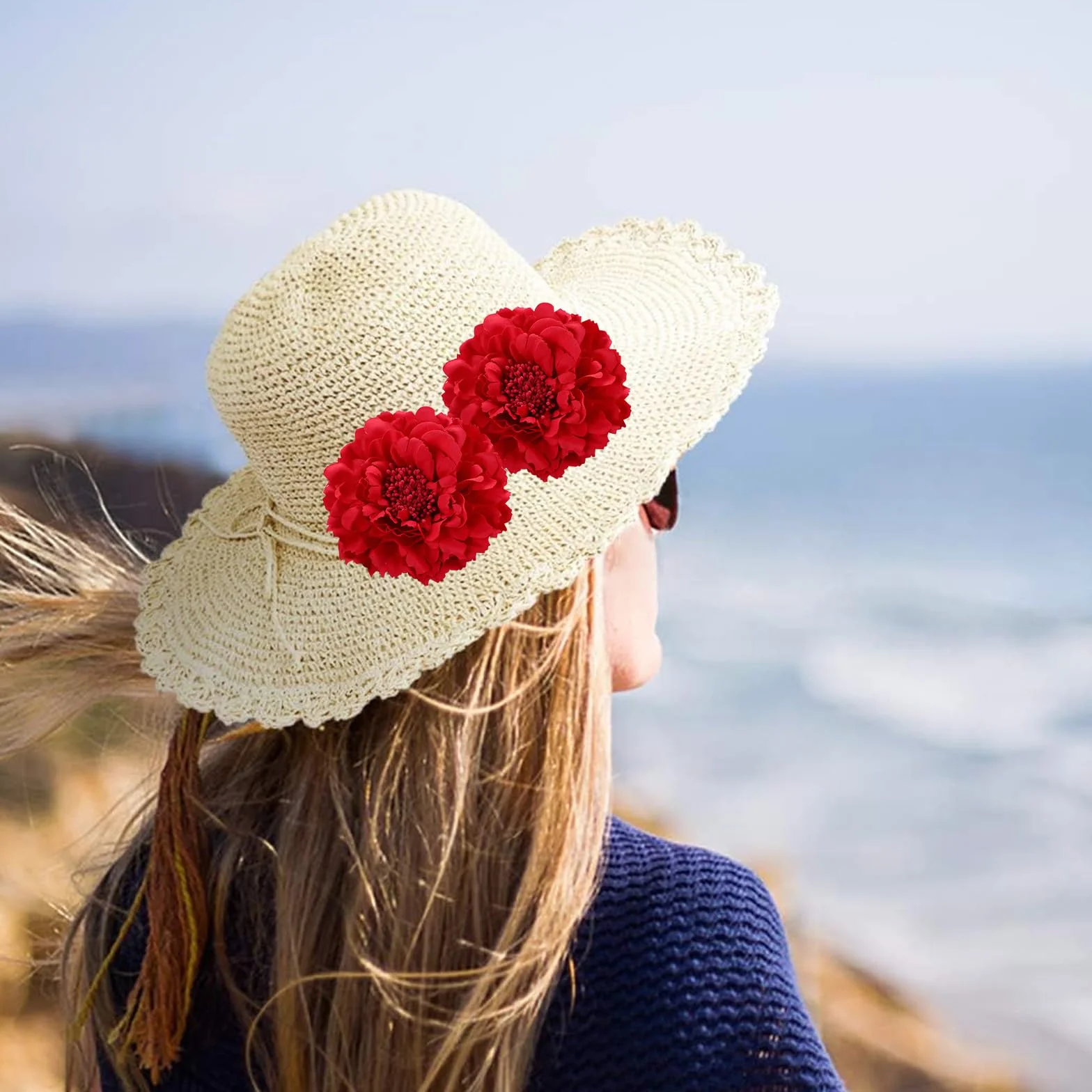VEGCOO 8 Clips Pelo Flor, Horquillas Peonía Rojo para Mujer Feria Abril Sevillana