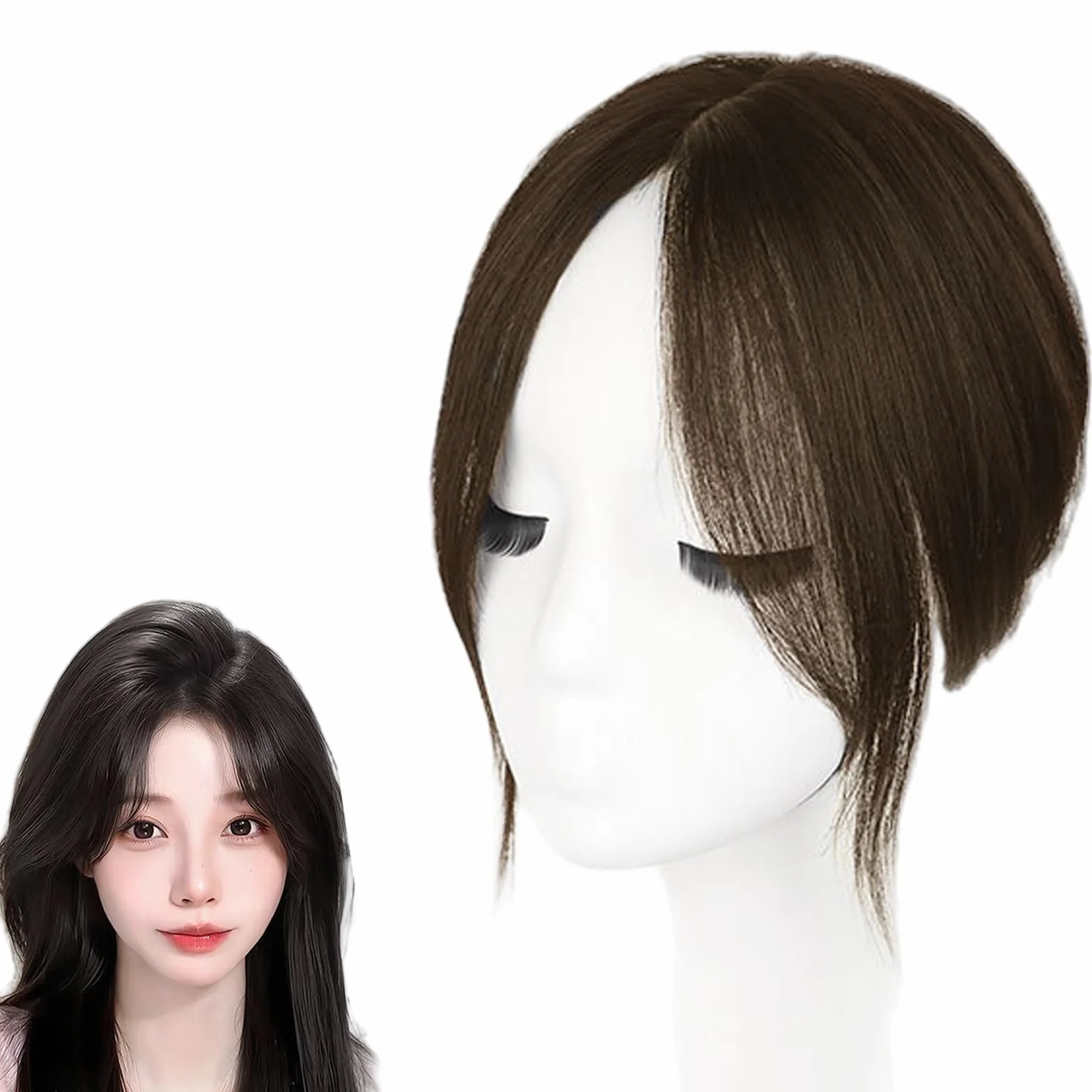 Toppers De Cabello for Mujeres Tupé De Cabello Humano Real Base Atada A Mano De 3" X 4" Postizos for El Cabello Con Clip Pelucas Liso Extensiones De Cabello Con Cobertura 3D De 360°(Brown,32cm)