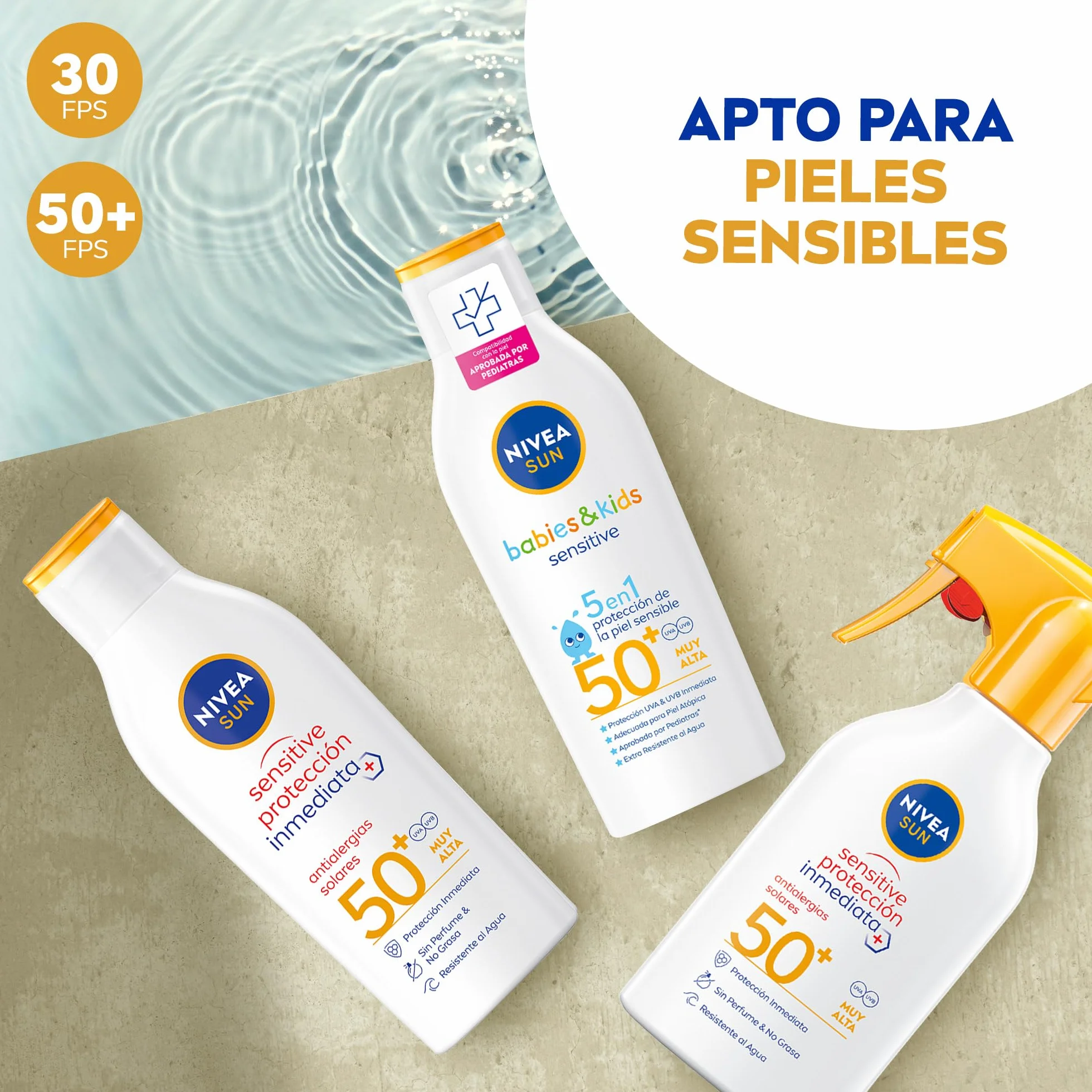 NIVEA SUN Sensitive Spray FP50+ Protector Solar Corporal 250 ml Alergias UVA/UVB Resistente al Agua
