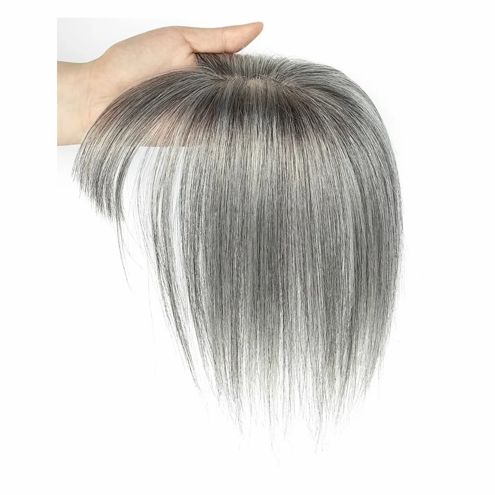 Topper para cabello humano para mujeres con cabello adelgazado, flequillo de cobertura 3D de 360°, base de seda 5 x 9 cm, mechones de densidad 150 extensiones de cabello (8 pulgadas, gris)
