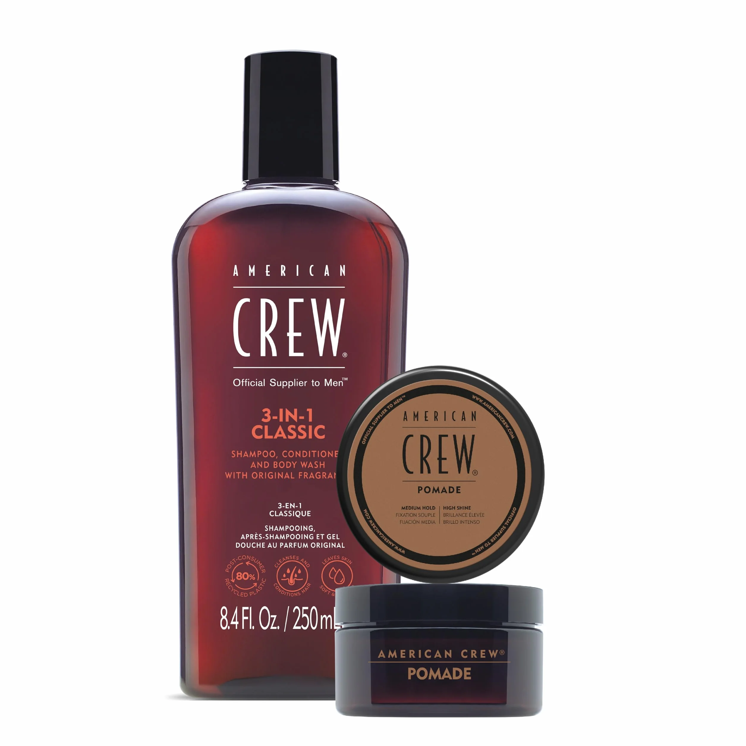 American Crew 3-in-1 Classic Shampoo Acondicionador y Gel de Baño 250ml + Pomade 50g