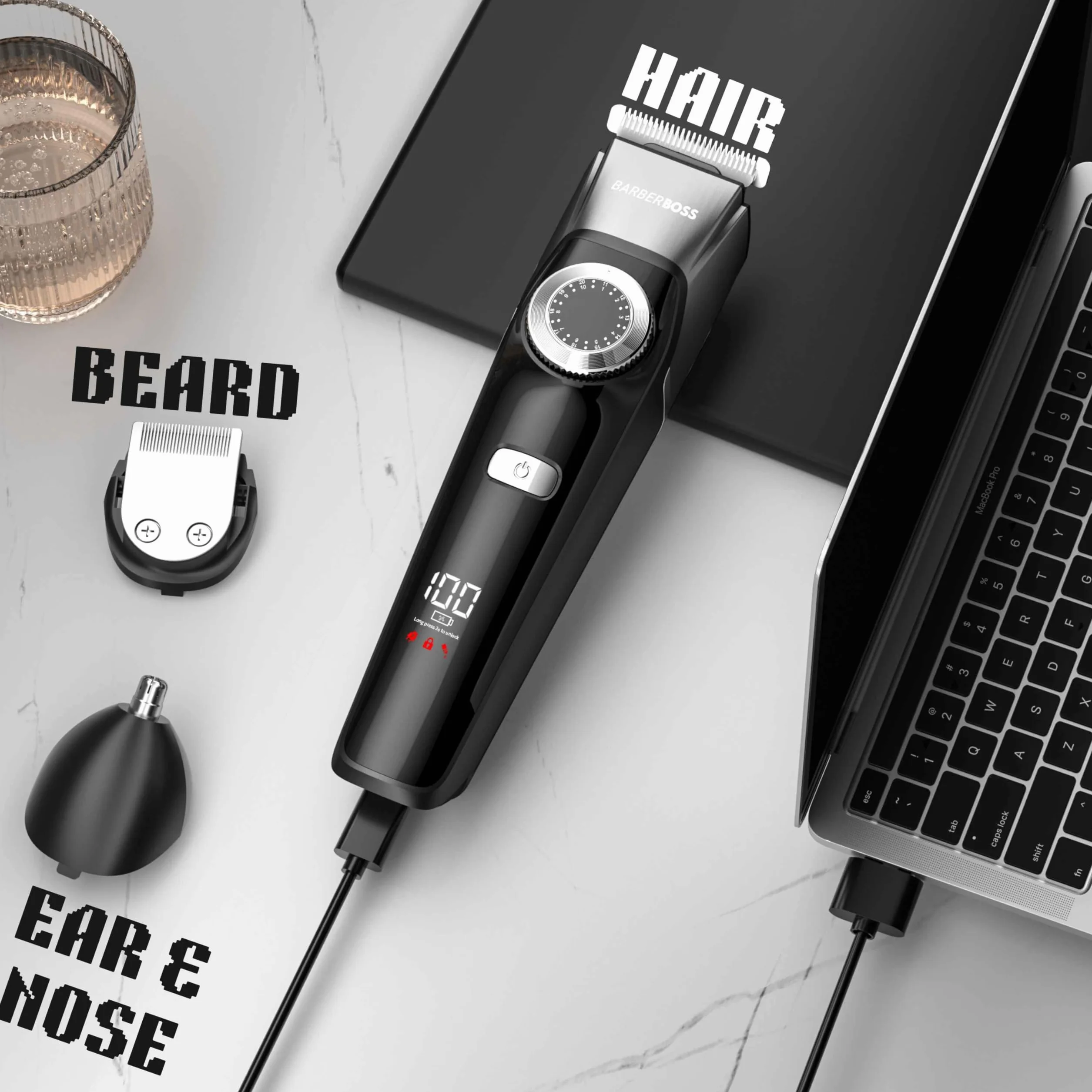 Barberboss Recortadora de barba y cabello 3 en 1 inalámbrico con cuchillas de cerámica, resistente al agua