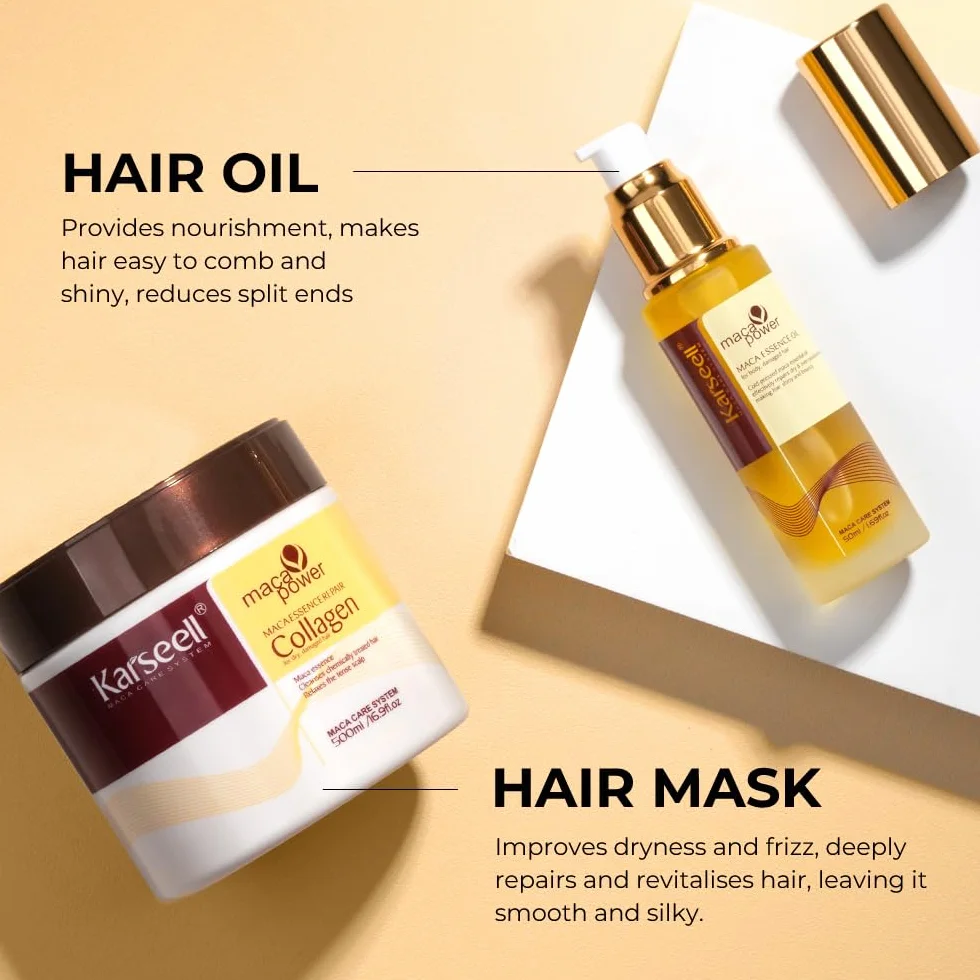 Karseell Reparación Sets de Pelo, Colágeno Mascarilla Pelo Y Aceite de Pelo, Set de Cuidado Capilar para Seco y Dañado el Cabello Todo Tipo de Cabellos, 500ml + 50ml