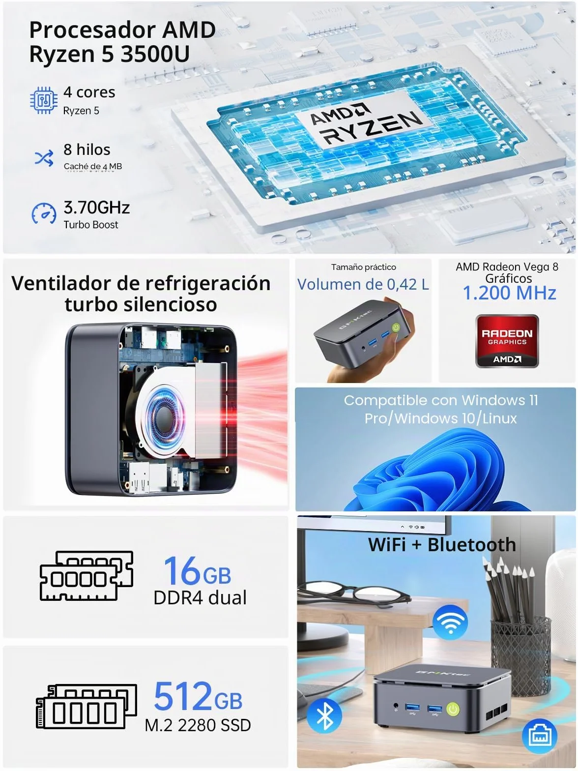 GMKtec G10 Mini PC Ryzen 5 3500U 16GB RAM 512GB SSD 2.5GbE LAN Triple 4K WiFi Bluetooth USB-C DP