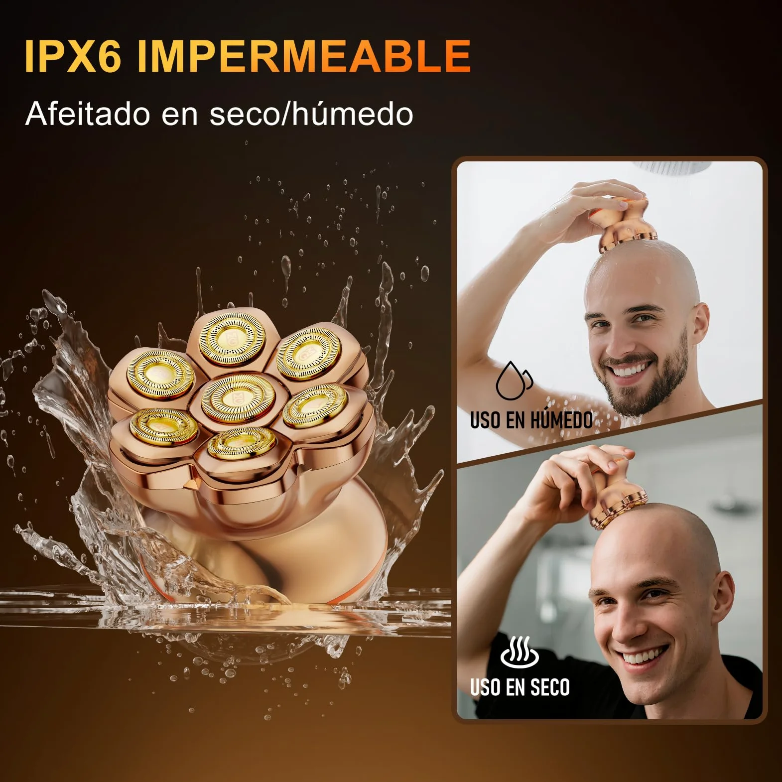 MAXGROOM Afeitadora Cabeza Hombre PRO, Maquina Afeitar Hombre, Afeitadora para Calva en Seco y Húmedo, 140 Mins de Uso, 7 Cabezales, Magnético, 100% impermeable, Dorado