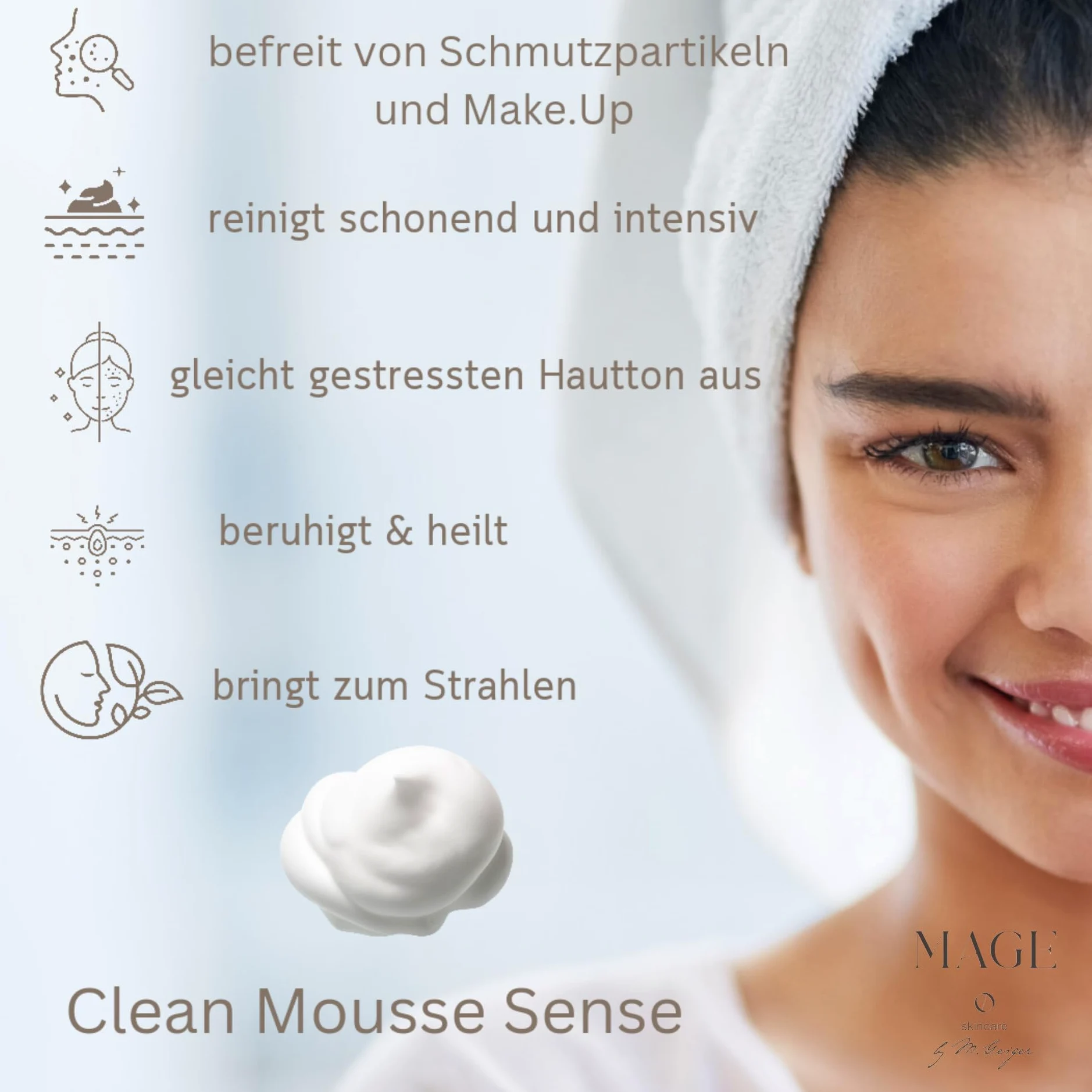 MAGE Clean Mousse Sense - Espuma limpiadora facial para limpiar la piel limpia y uniforme, cuidado facial limpiador, eliminación de maquillaje e imperfecciones, vegano, fabricado en Alemania