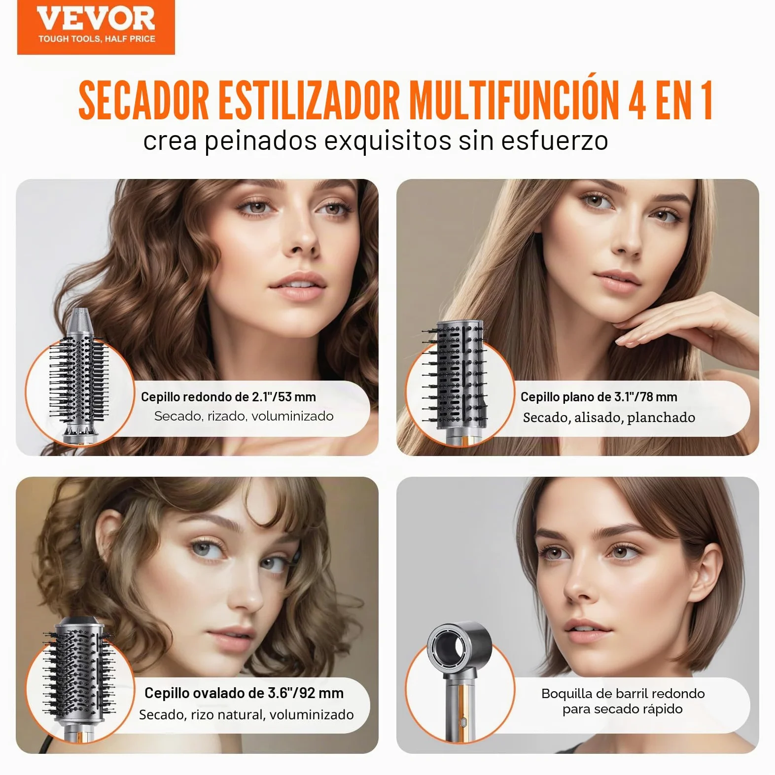 VEVOR Cepillo Secador y Moldeador de Cabello Multifunción 4 en 1, 110 000 RPM con 3 Cepillos y 1 Boquilla, Cepillo Secador de 4 Temperaturas y 3 Velocidades a Rizar, Peinar y Dar Volumen, 330 x 52 mm